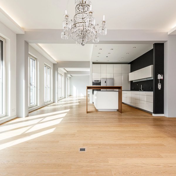 Wohnbereich Einbauküche Fensterfront Parkettboden