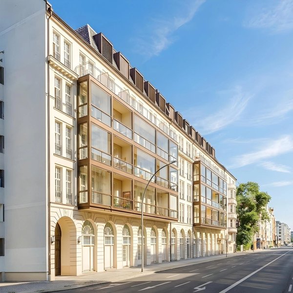 Straßenansicht Wohngebäude Fassade Balkone Glasloggien