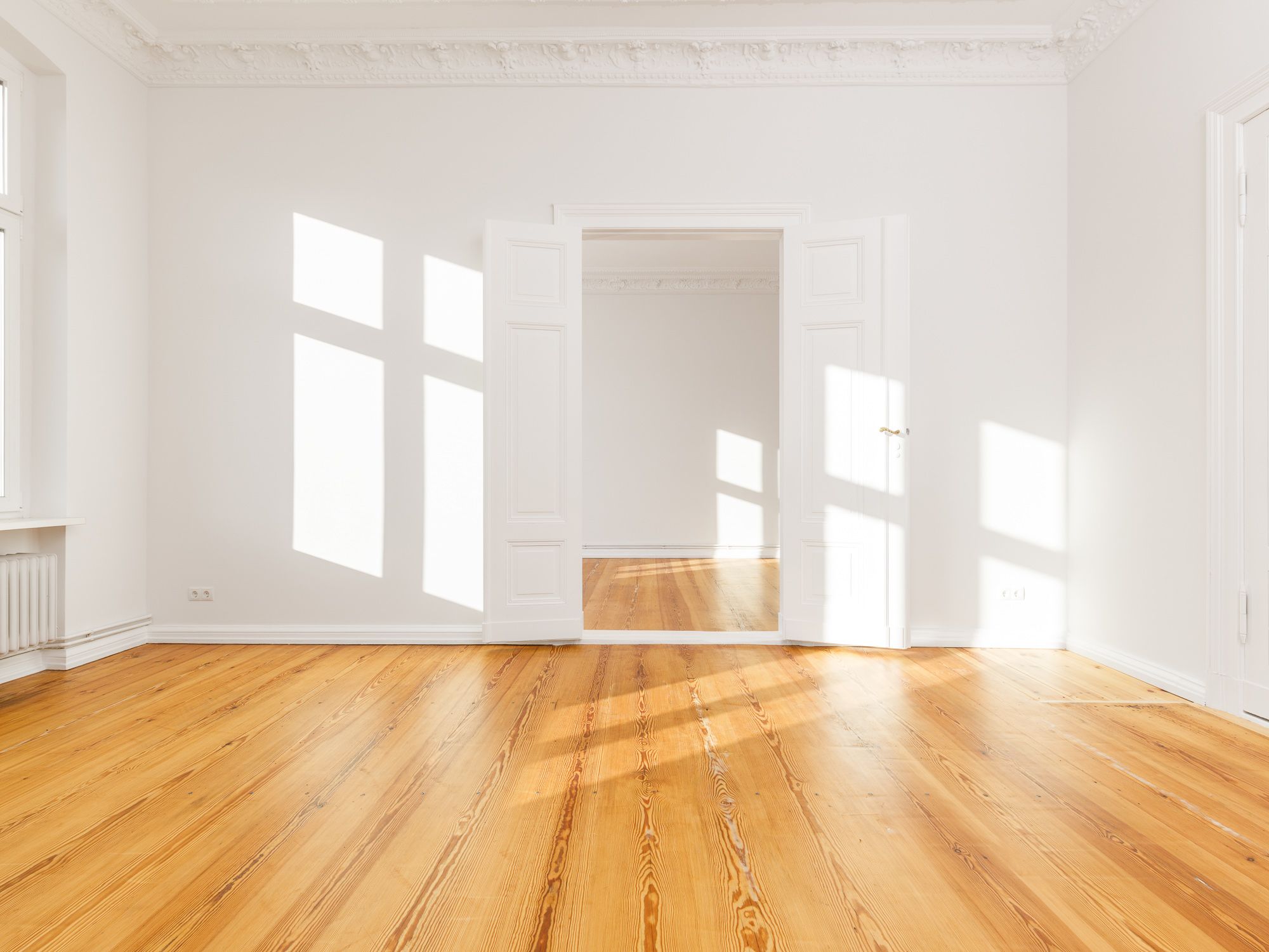 Lichtdurchflutetes Wohnzimmer mit Flügeltür 