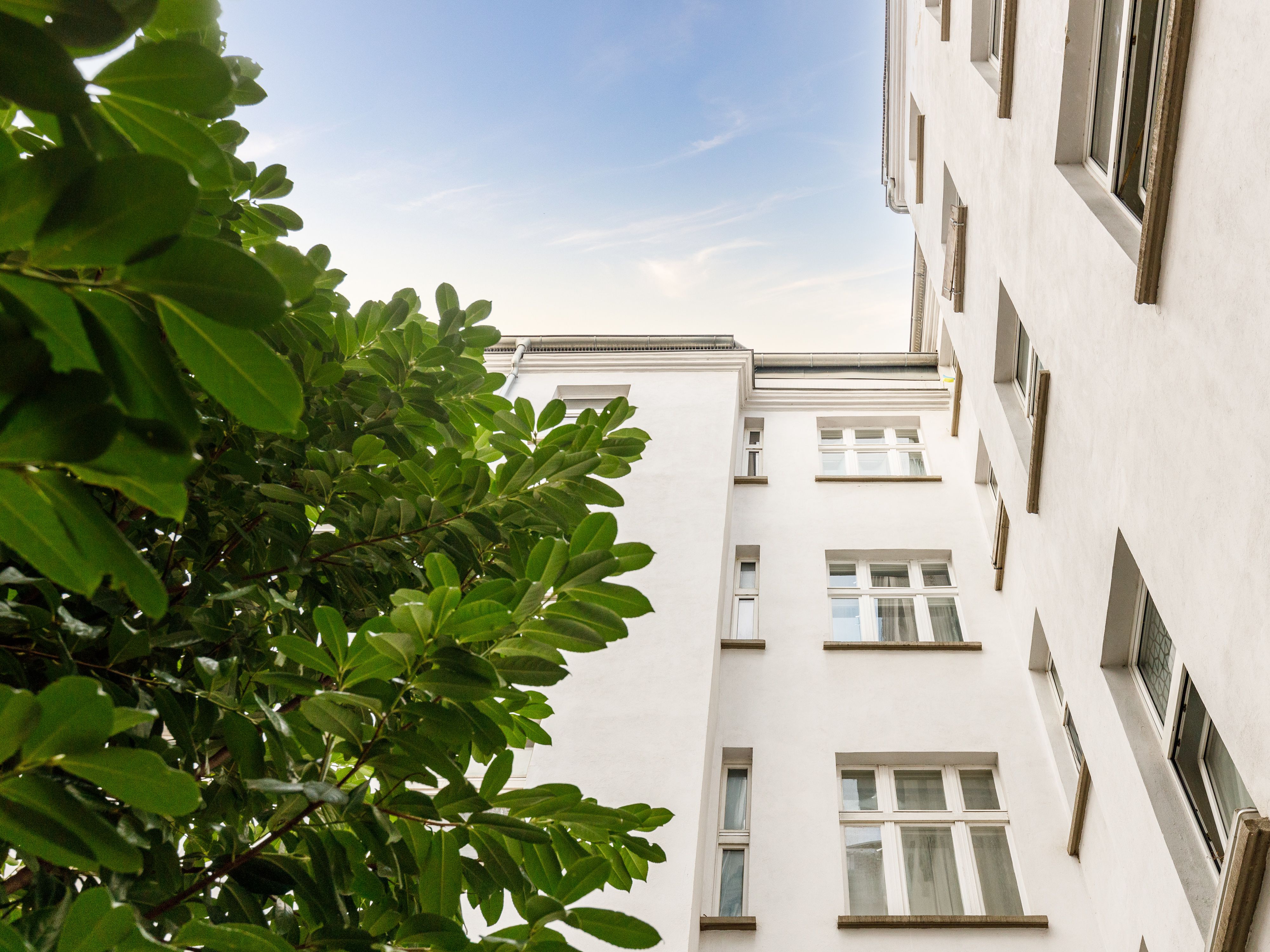 Hausansicht vom begrünten Innenhof