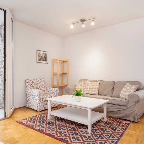 Living room sofa armchair coffee table window