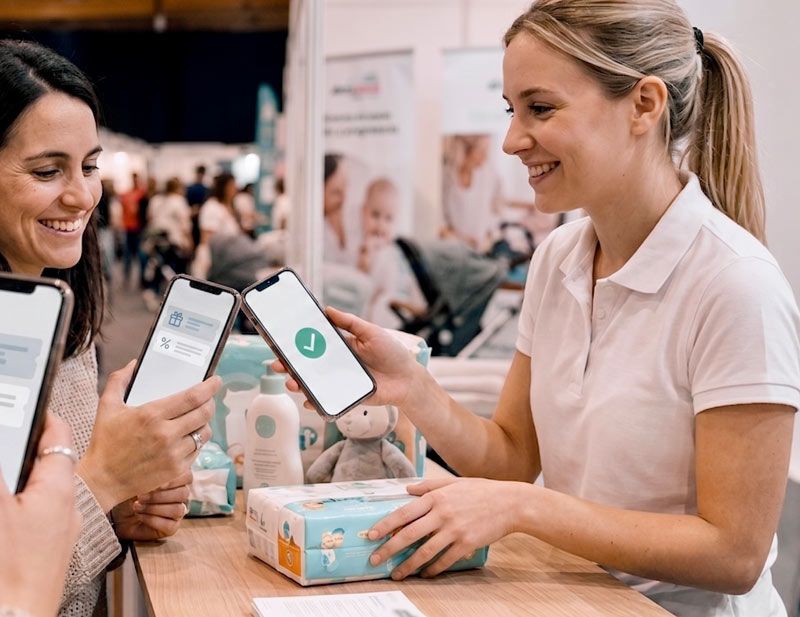 Beneficio digital en el celular en un stand de la Expo