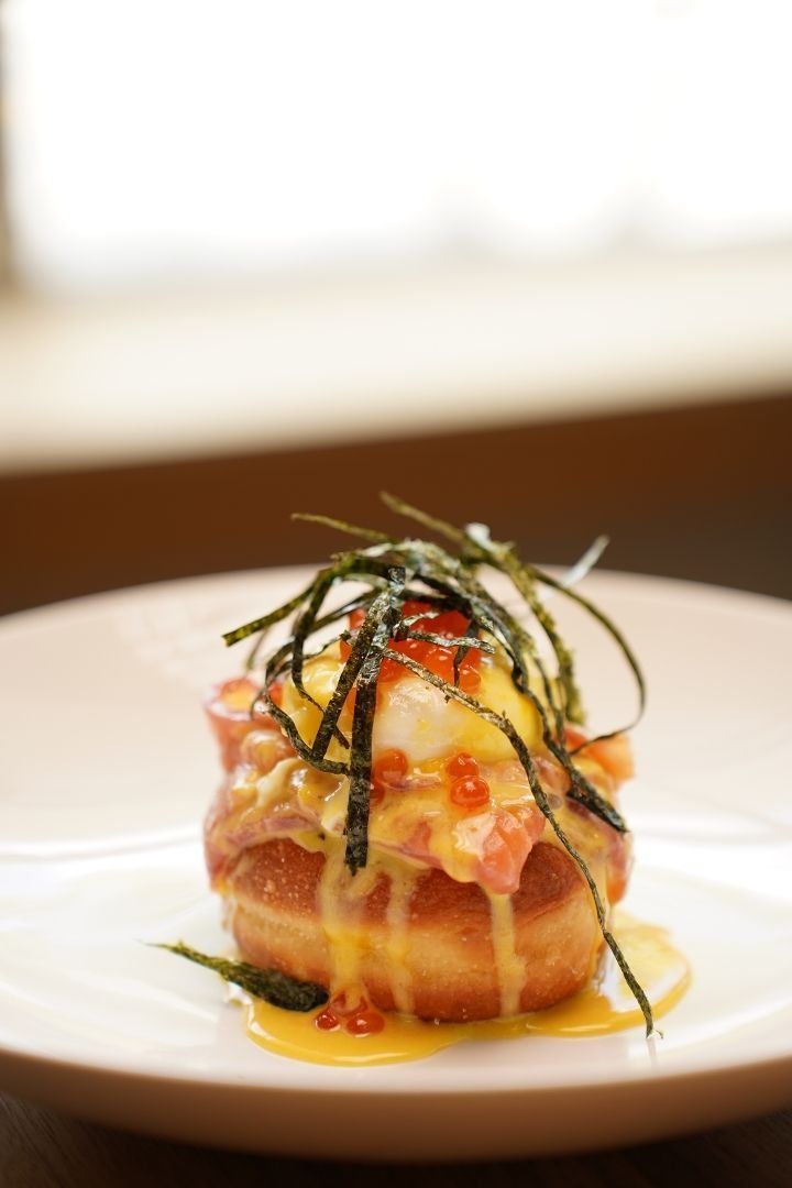 Eggs Florentine on Donut with Fermented Salmon, Red Caviar, Nori and Yuzu-Ponzu Hollandaise at Thanks to Harrison