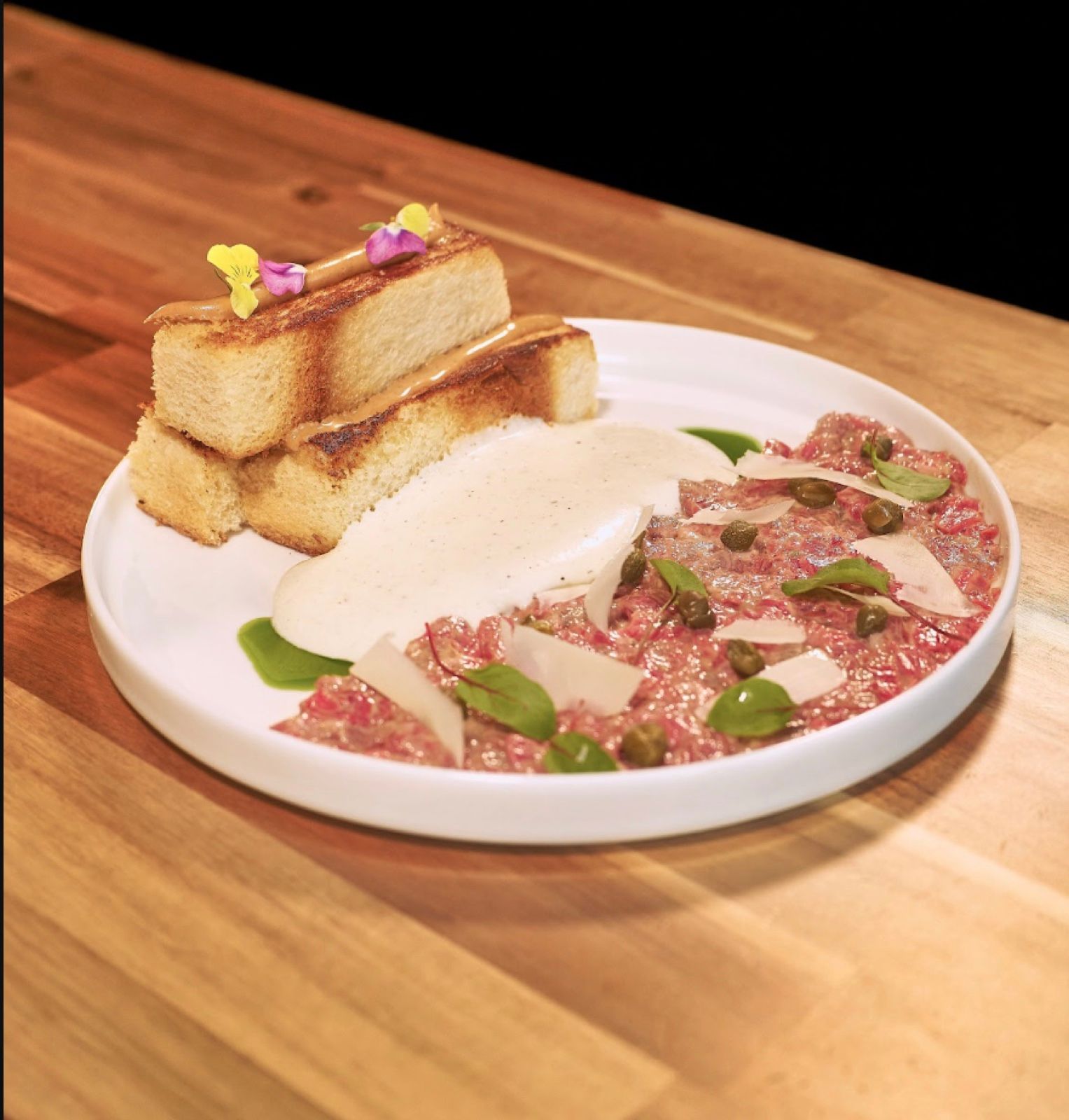 Beef Tartare with Parmesan Cream and Peanut Butter Toasts at Thanks to Harrison