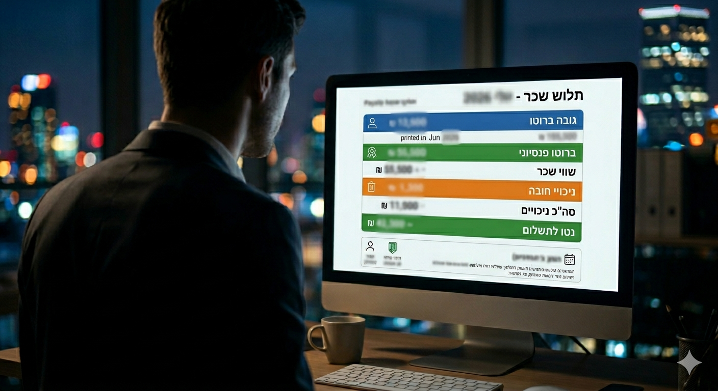 אדם מתבונן בצג מחשב עליו מוקרן תלוש השכר שלו