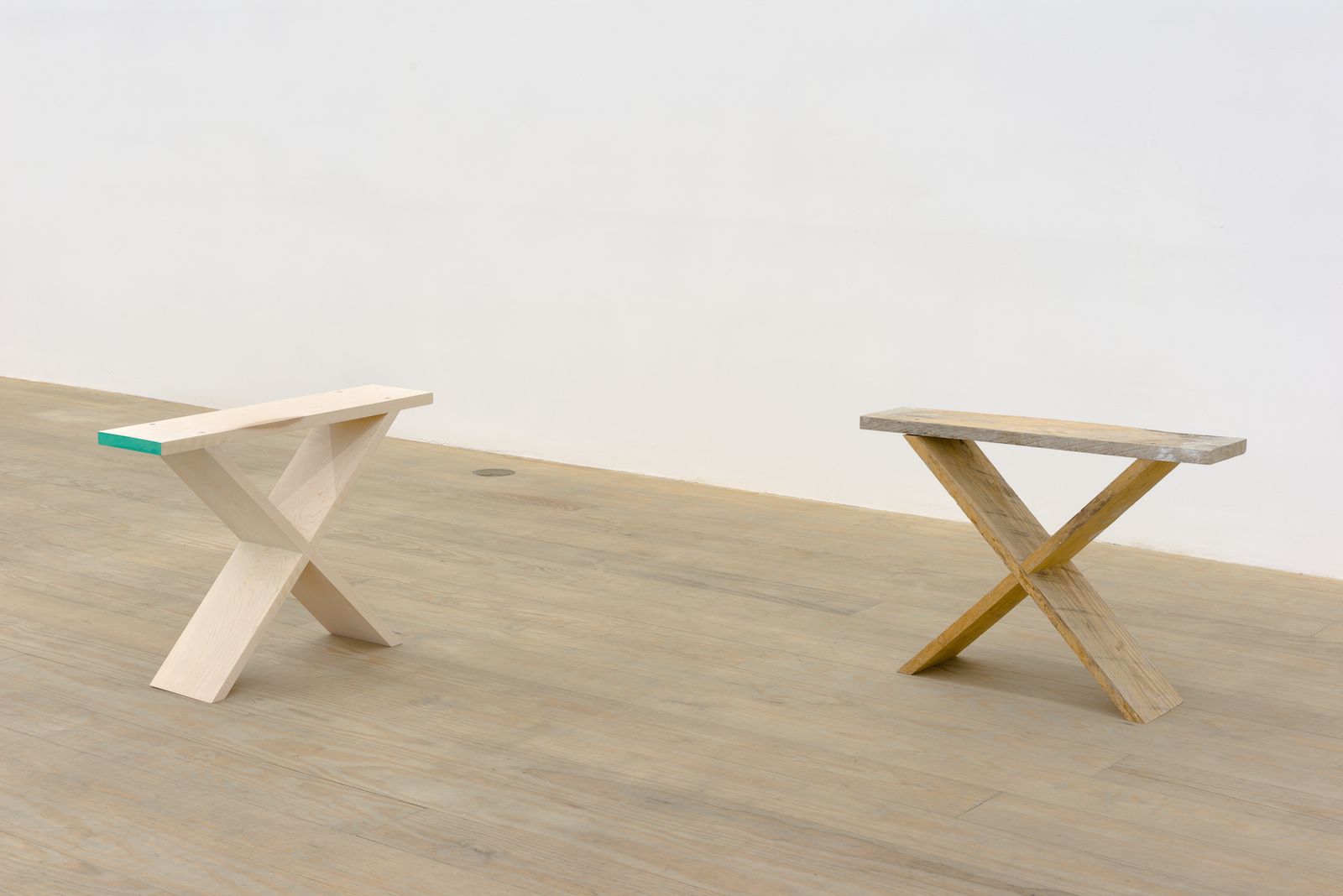 Gordon Hall, Double (I), 2014, found stool (Madison, ME) and replica, maple, dyed wood filler, 16 1⁄4 × 23 × 5 1⁄2 in.