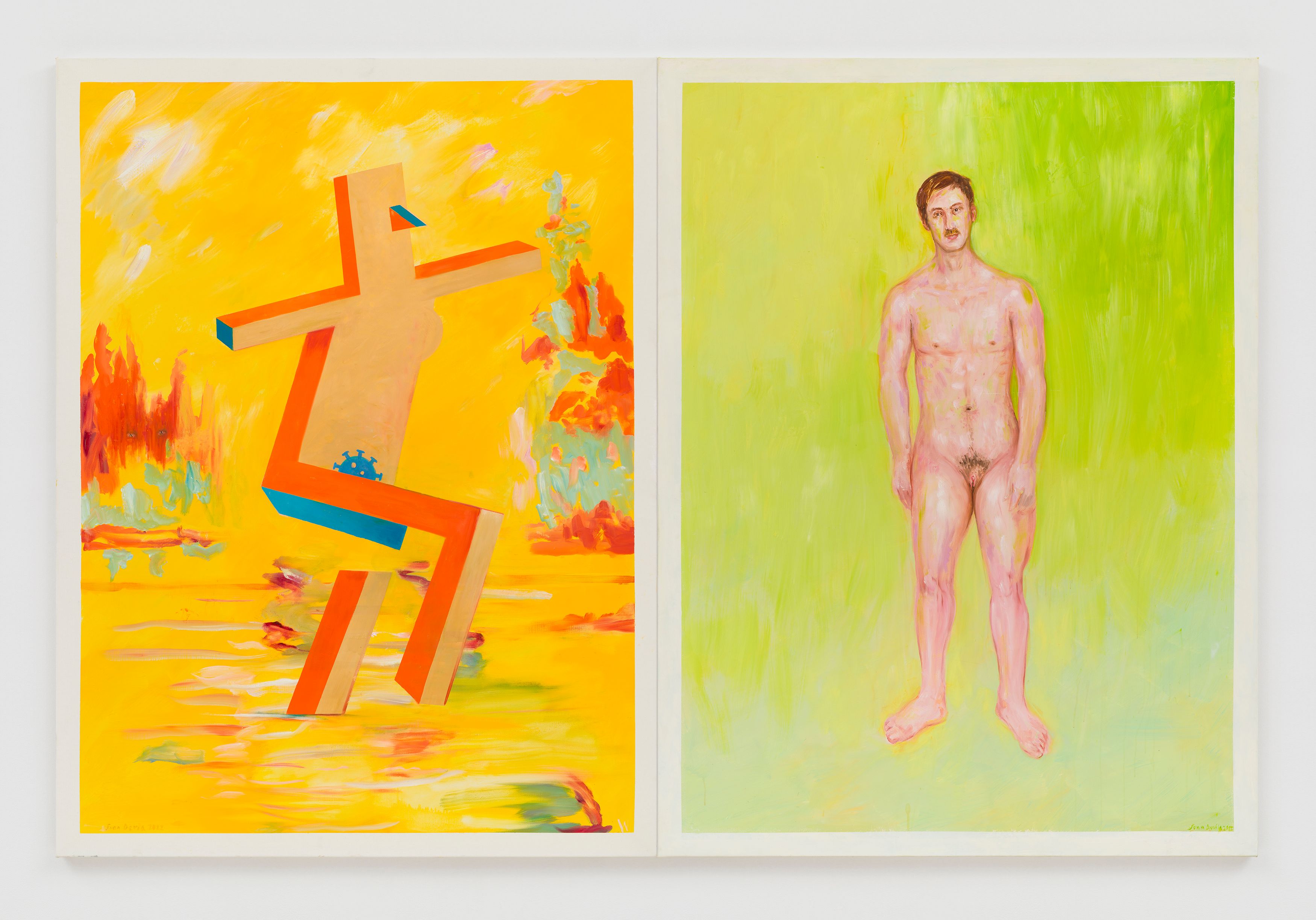 Juan Davila, Untitled, 2022, diptych, oil on canvas, 63 x 94 1/2 in. (160 x 240 cm) overall