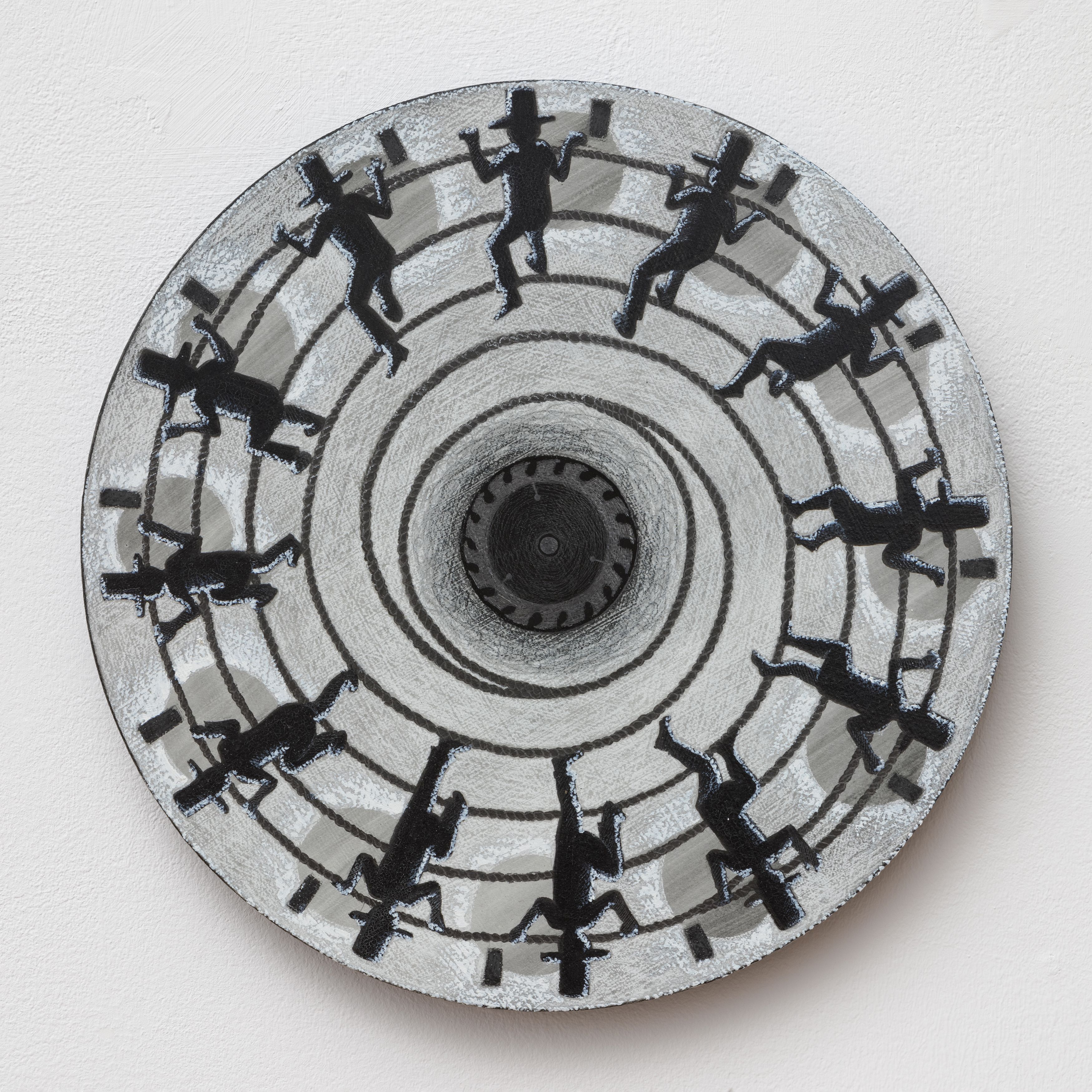 Cindy Ji Hye Kim, Reign of the Idle Hands #2, 2019, graphite, charcoal, pastel, ink, acrylic, and oil on birch wood, 12 in. (30.5 cm) diameter
