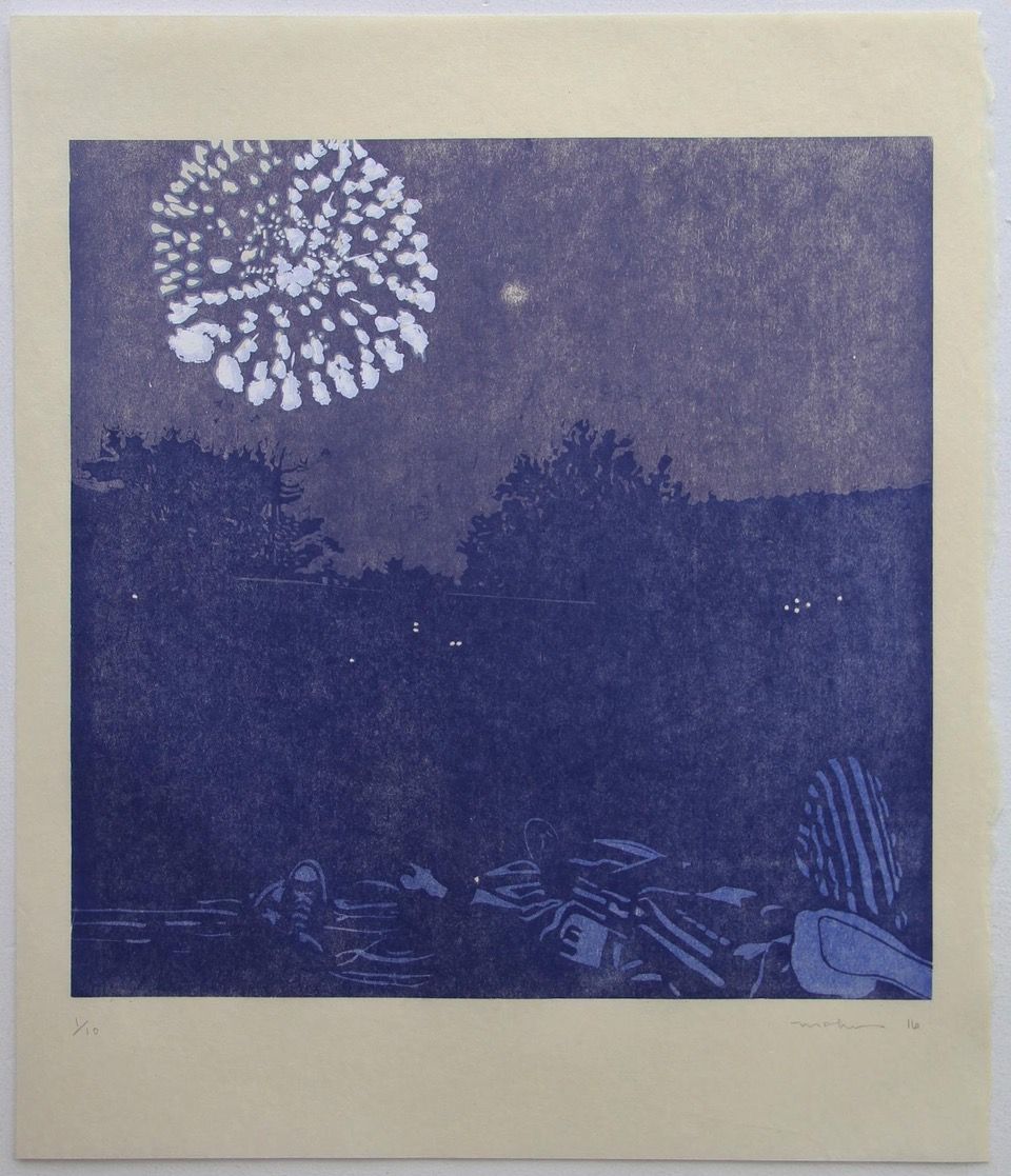 Mae Shore, Fireworks, 2016, woodcut, linocut, silkscreen, pochoir on paper, 16 1/4 x 16 in., edition of 12