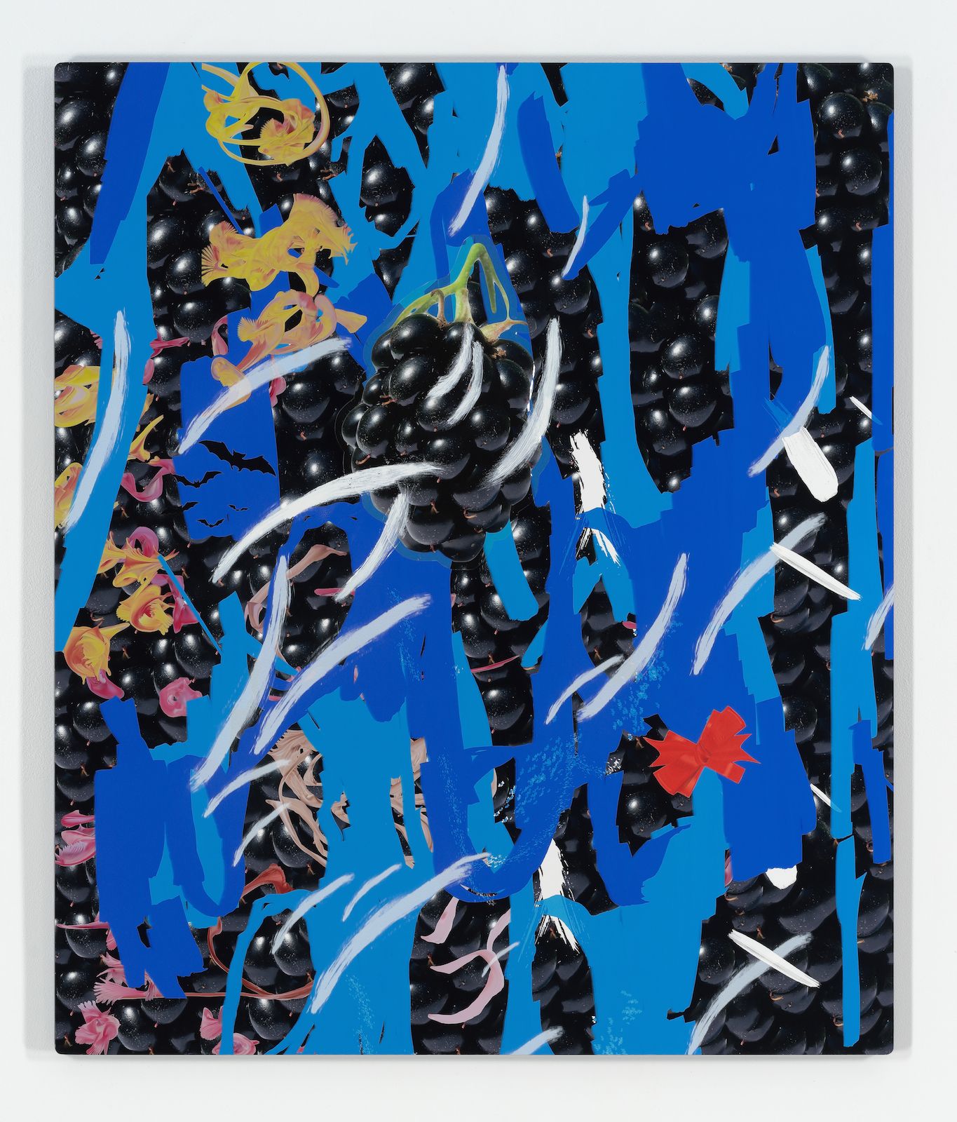 Petra Cortright, FRANQUICIAS*.*, 2015, digital painting, duraflex, UV print, acrylic paint, vinyl stickers, mounted on acrylic, 49 × 42 × 1 in.