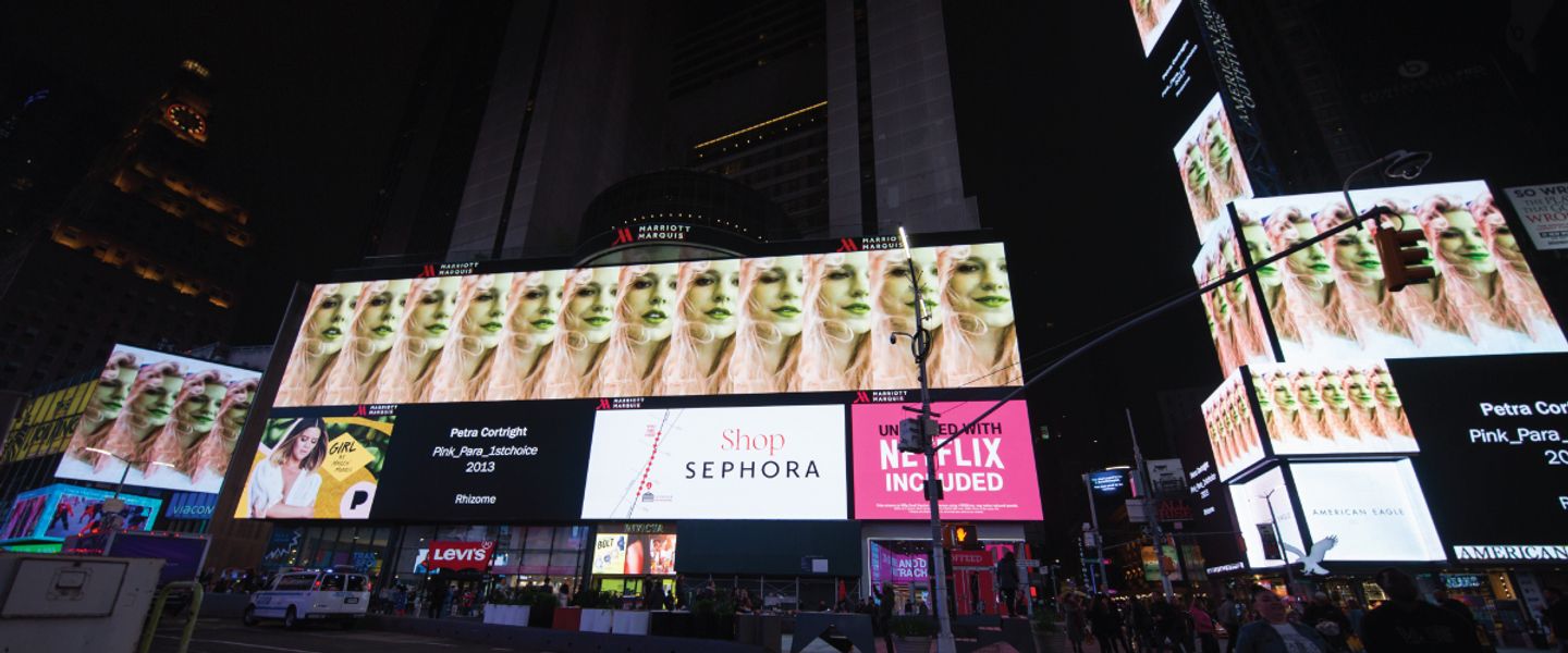 Petra Cortright, Pink_Para 1stchoice, 2018, installation view, Times Square, New York. Programed by Midnight Moment, Times Square Arts with Rhizome, New York. 