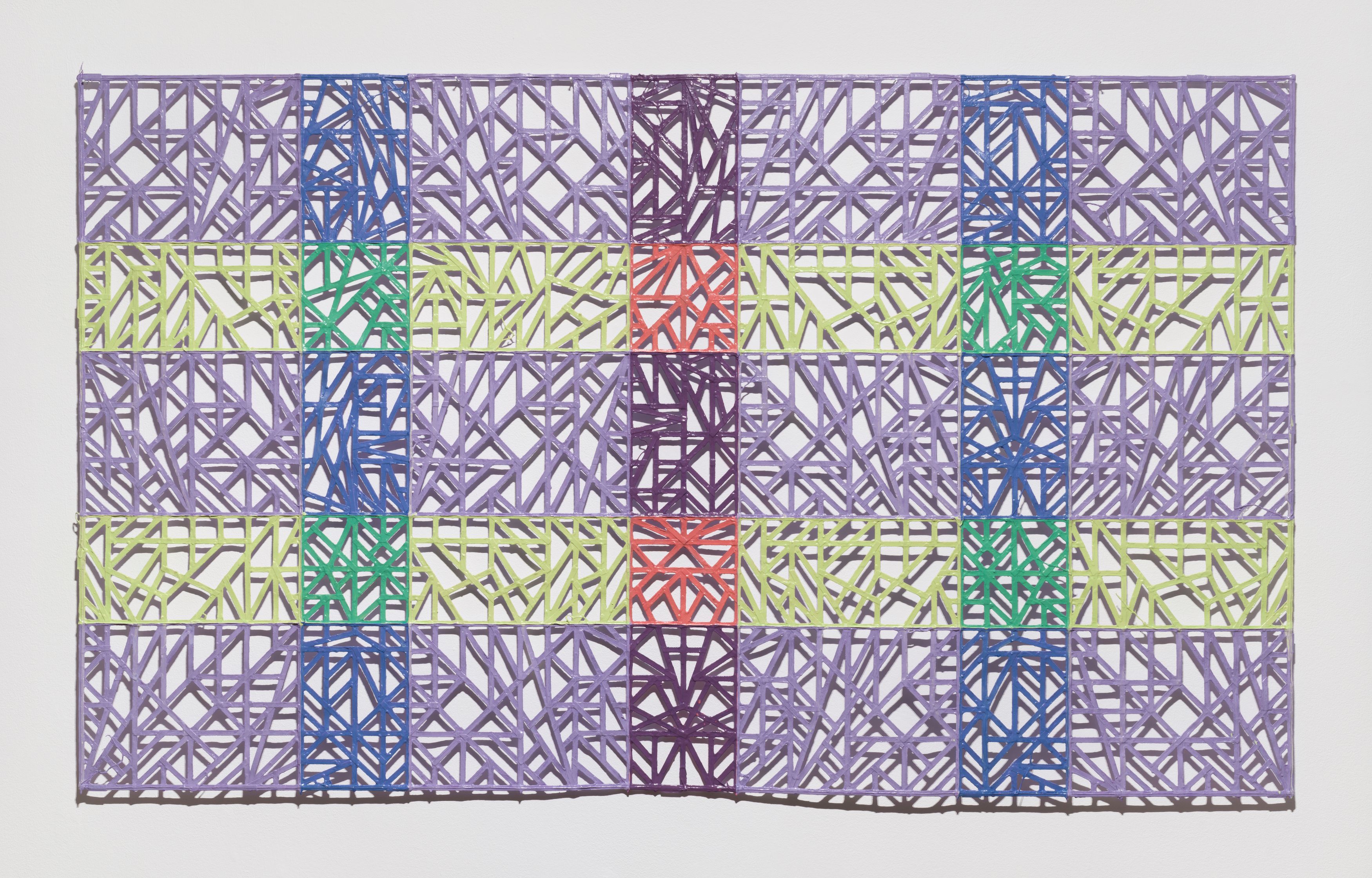 Johnathan Payne, Lavender Legacy, 2023, acrylic and thread on shredded-and-collaged paper, 39 x 66 in. 