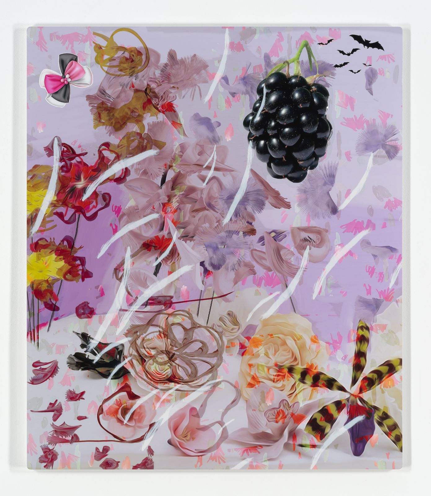 Petra Cortright, Andro-6 greeting cards, 2015, digital painting, duraflex, 3D print, UV print and stickers mounted on acrylic, 49 × 42 × 1 in.