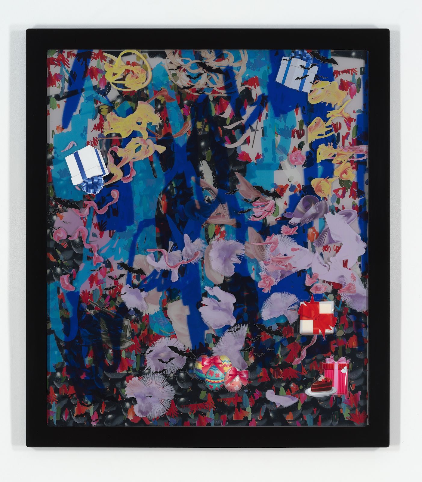 Petra Cortright, Buffy keepers+kick.rom, 2015, digital painting, duraflex, UV print, stickers, mounted on acrylic, 54 1⁄2 × 47 1⁄2 × 1 1⁄4 in.