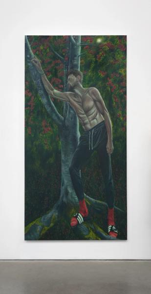 Srijon Chowdhury, Andreas Under Cherry Blossoms, 2022, oil on linen, 96 x 48 in. (244 x 122 cm), SCH_FP4767