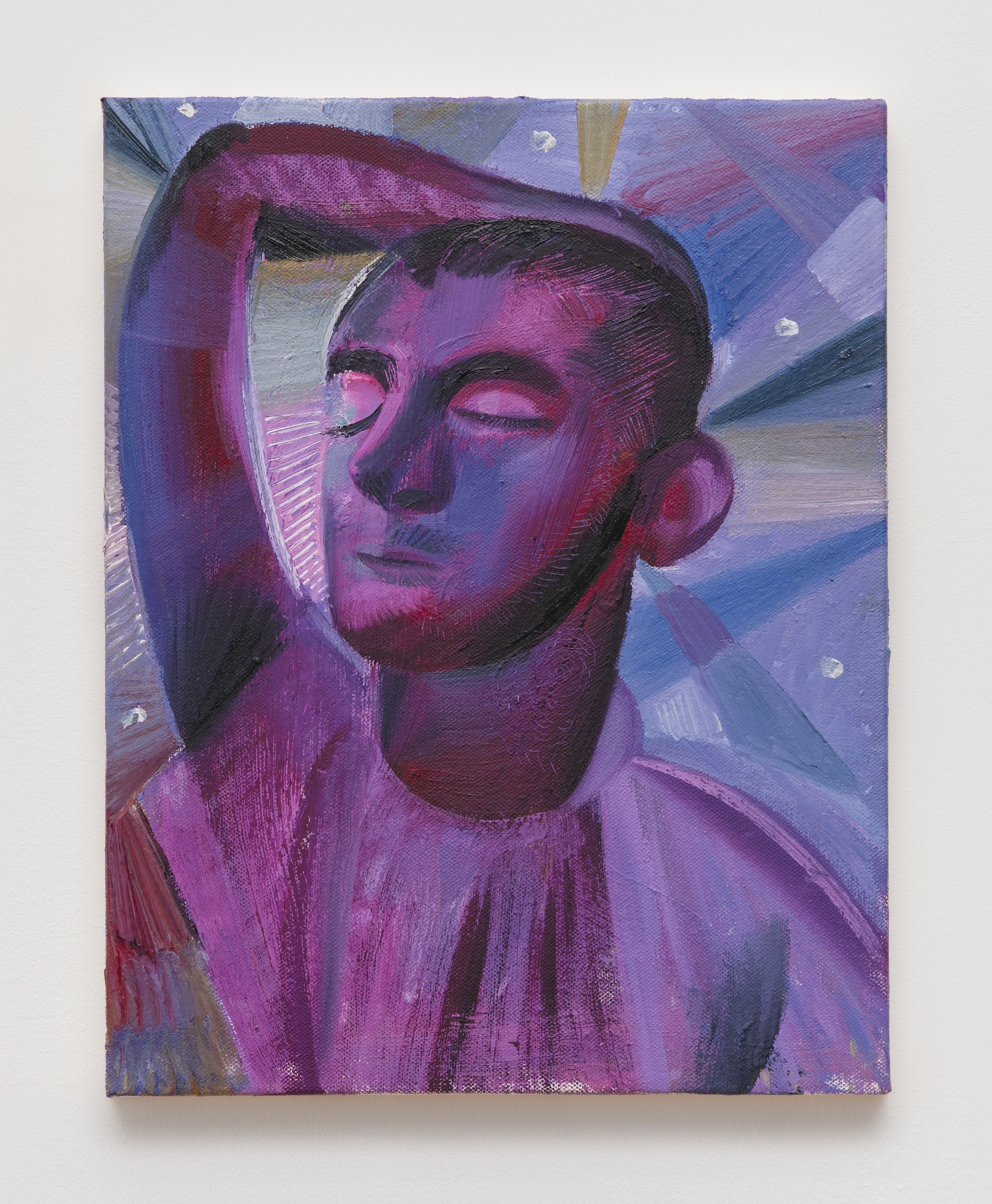 Louis Fratino, Tristan dancing, purple lights, 2018, oil on canvas, 14 x 11 in. (35.56 x 27.94 cm.)