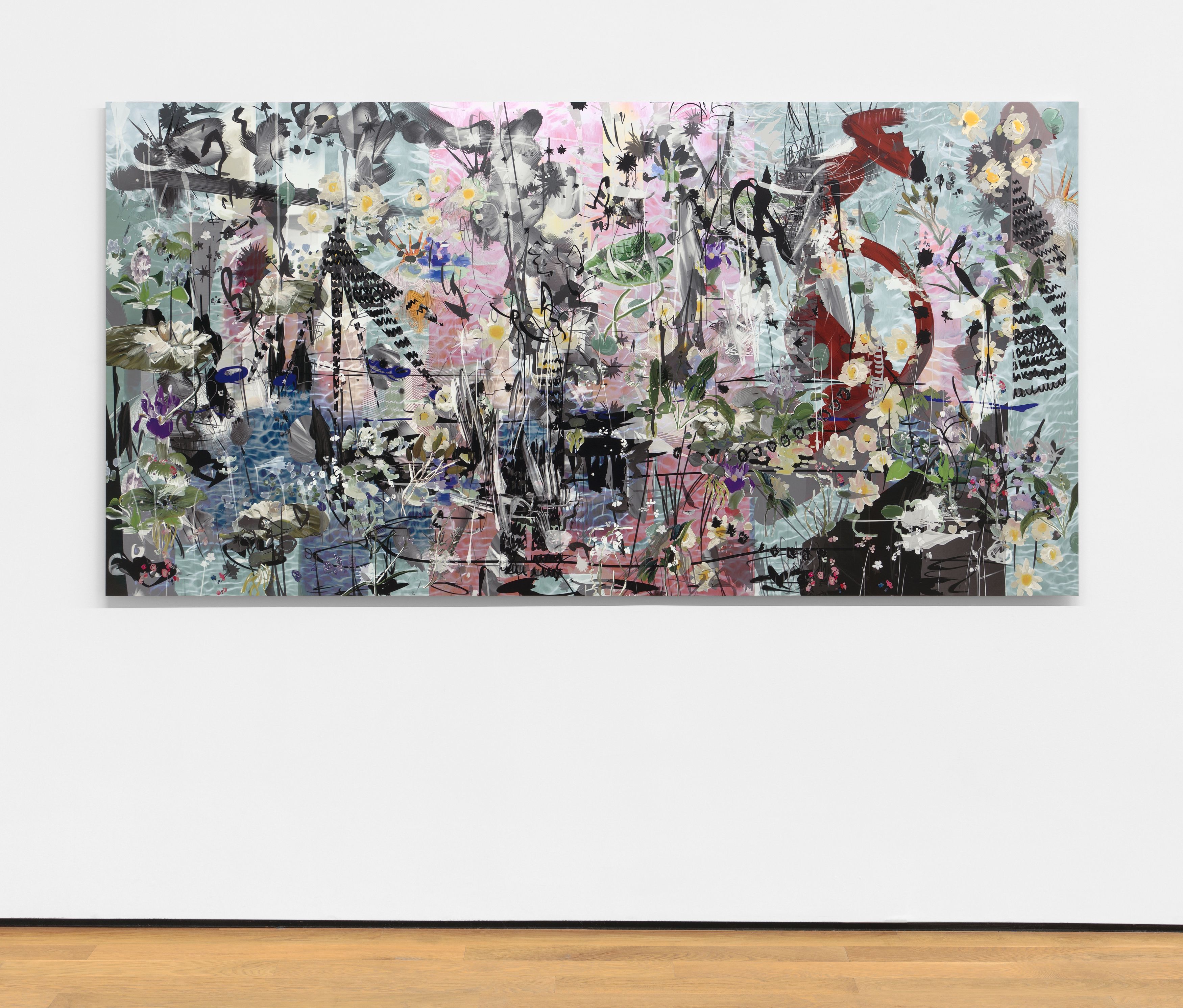 Petra Cortright, Institut->uncut peace since projects freshman, 2017, digital painting on anodized aluminum, 48 x 94 in. (121.92 x 238.76 cm.)