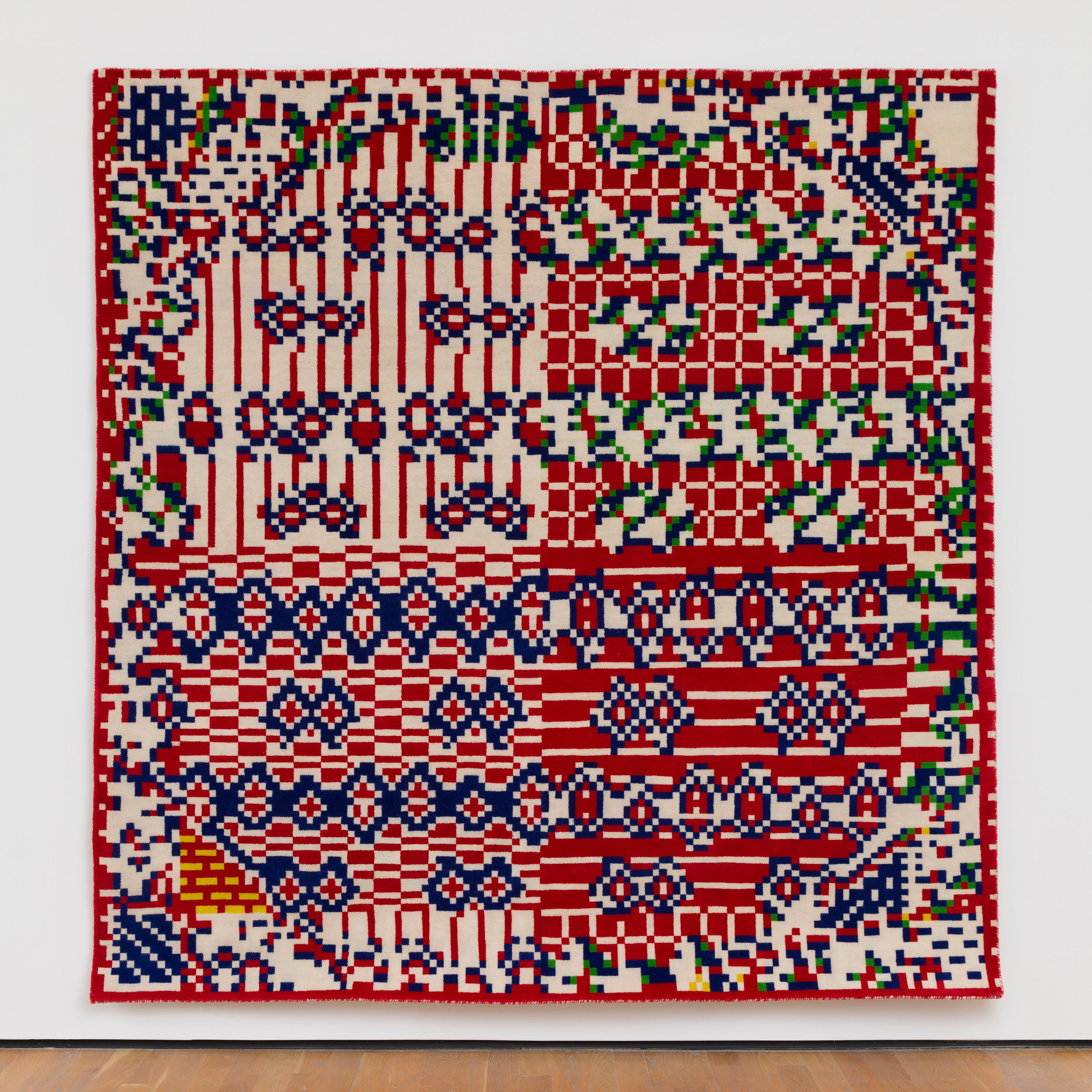 Travess Smalley, Pixel Rug (08_15_21_Pixel_Rug_01), 2022, hand-knotted wool, JavaScript, Photoshop, 96 x 96 in. (243.84 x 243.84 cm). Woven by Ganesh Subhash Ravi