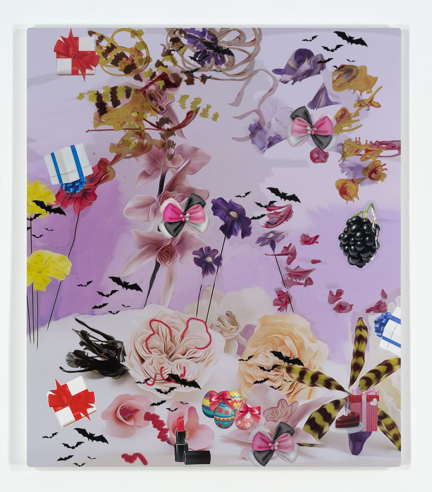 Petra Cortright, let's go+kick.rom, 2015, digital painting, duraflex, 3D print, UV print and stickers, mounted on acrylic, 49 × 42 × 1 in.