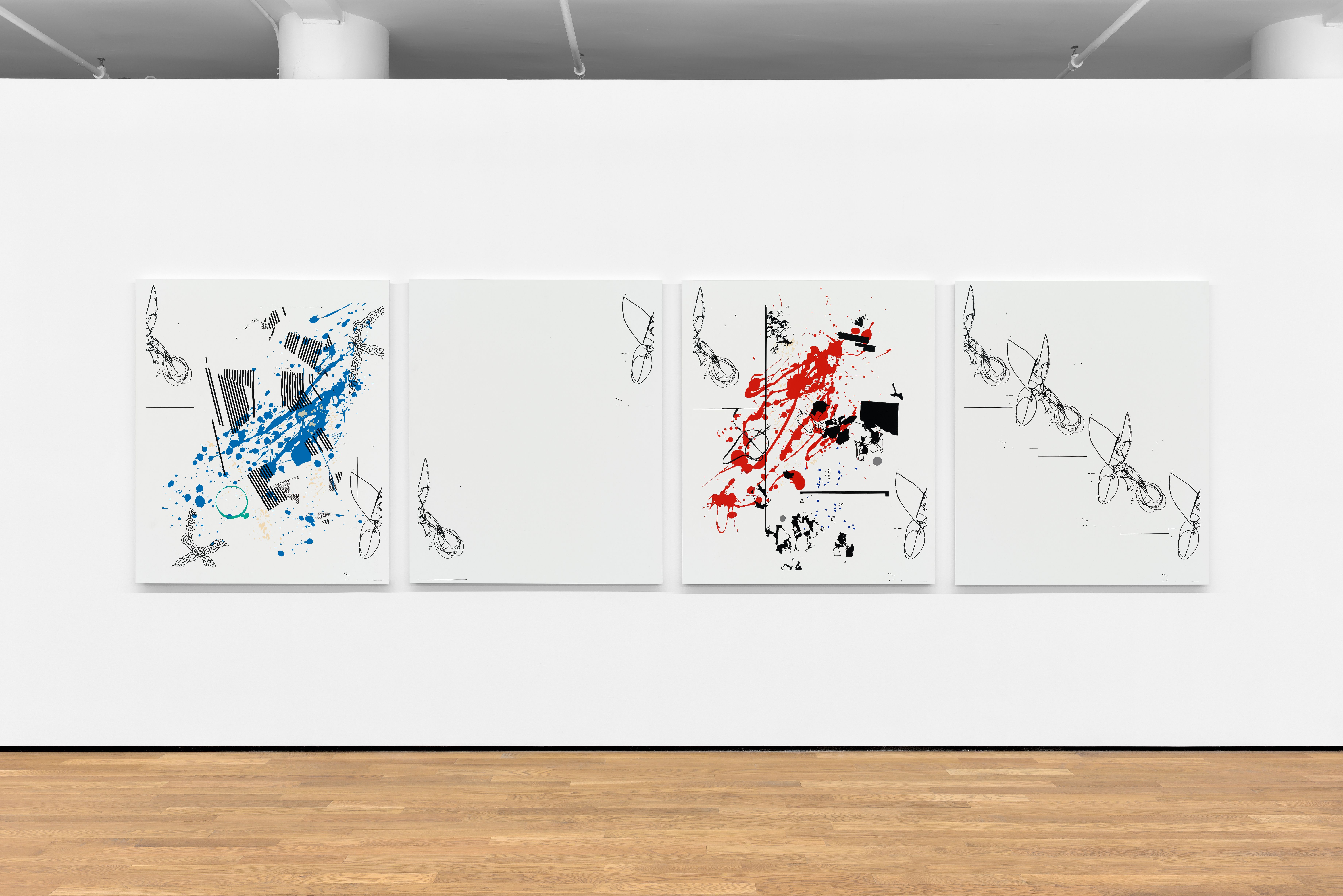 Michael Bell-Smith, Cut (Blue Splash, Spacer, Red Splash, Repeat), 2017, machine cut vinyl on Dibond (in four panels), 54 x 45 in. (137.16 x 114.3 cm.) each, overall dimensions variable