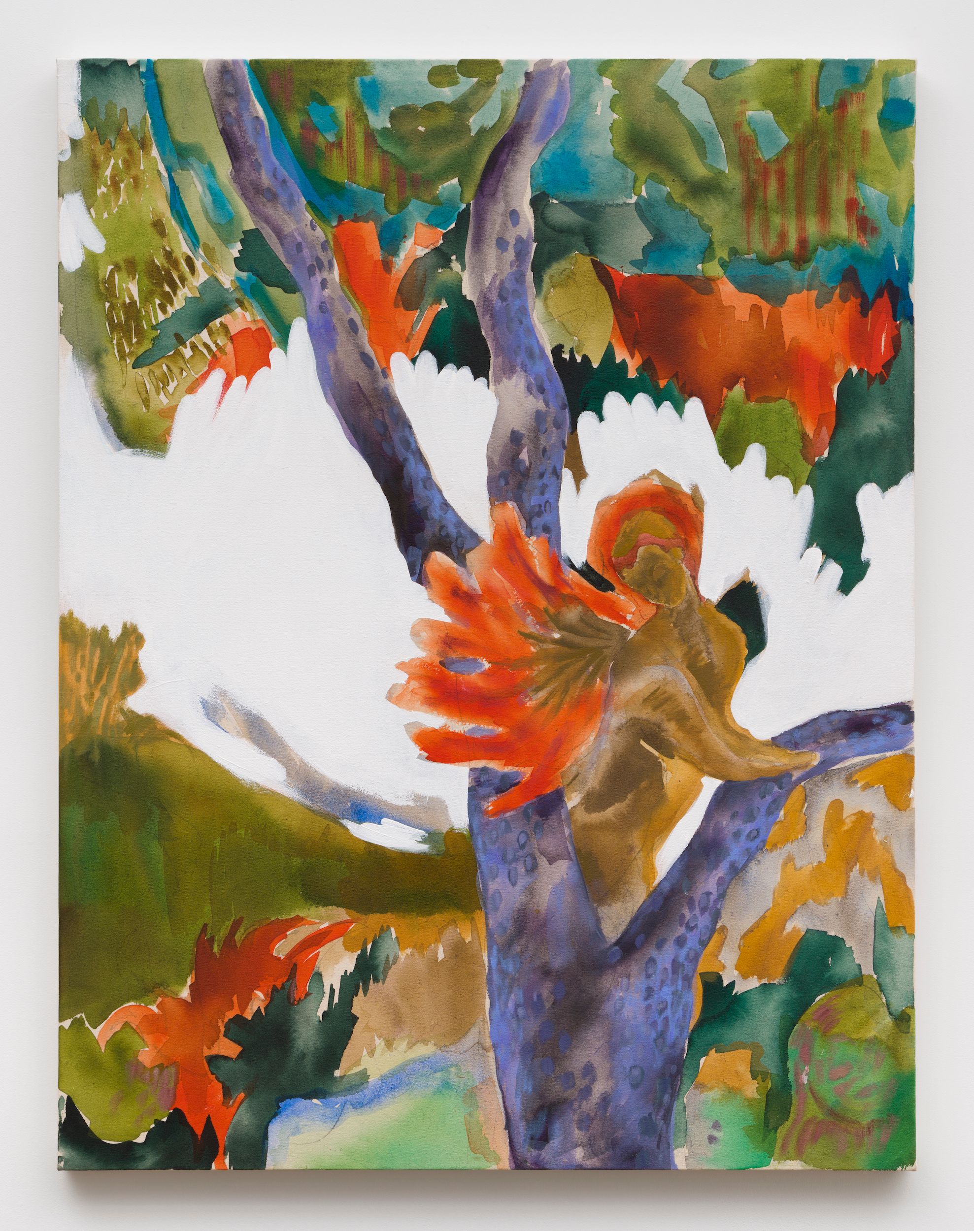 geetha thurairajah, Untitled (woman in tree), 2022, acrylic and oil on canvas, 48 x 37 in. (121.92 x 93.98 cm)