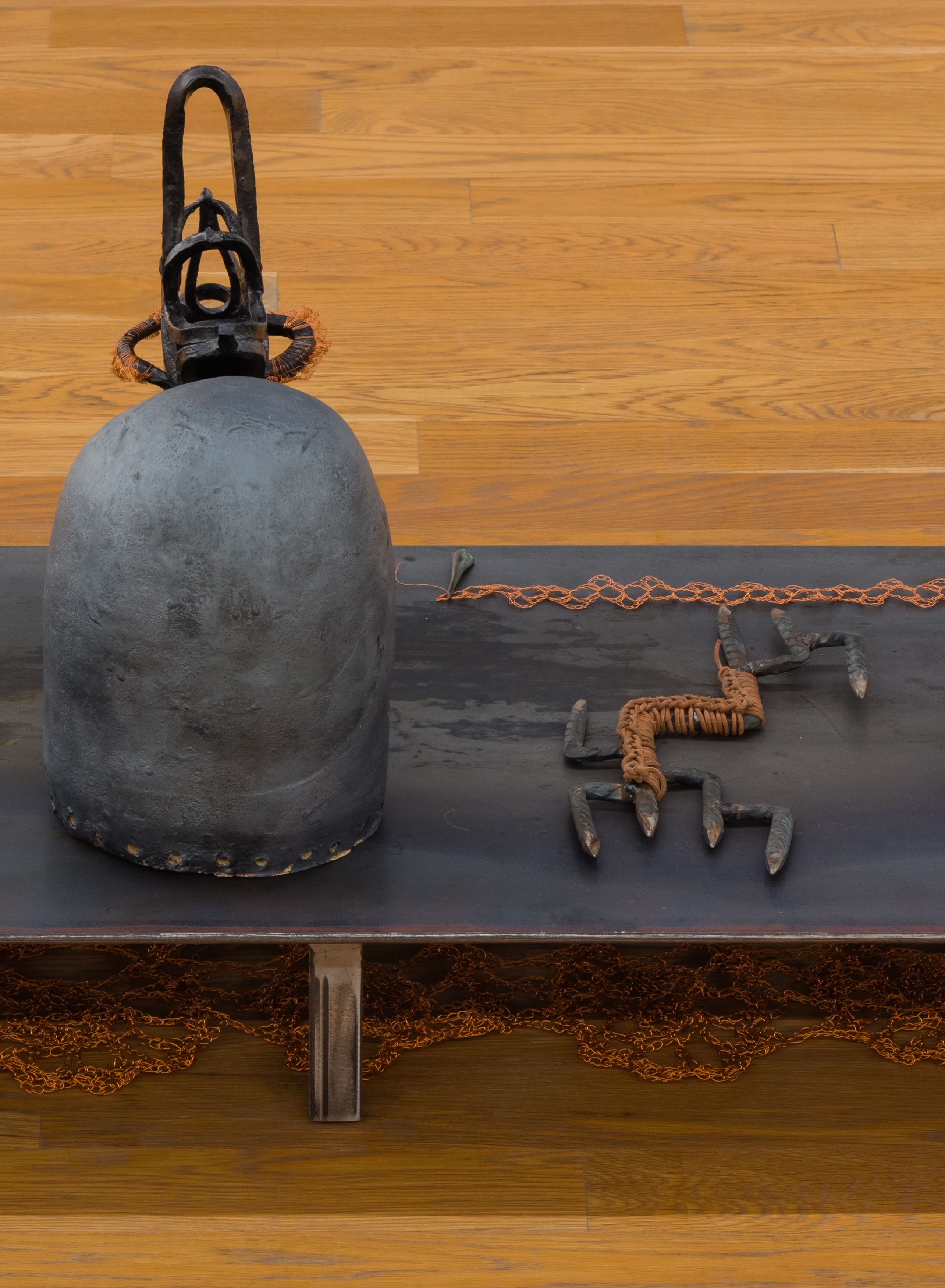 ektor garcia, mesa (detail), 2020, welded steel, crochet copper wire, glazed ceramic, and leather, 19 x 60 x 18 in. (48.26 x 152.4 x 45.72 cm)   