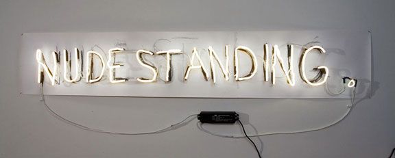 Fiona Banner, Neon Nude Standing, 2006, neon, clamps, wire, transformers, paper, graphite, 17 x 82 in.