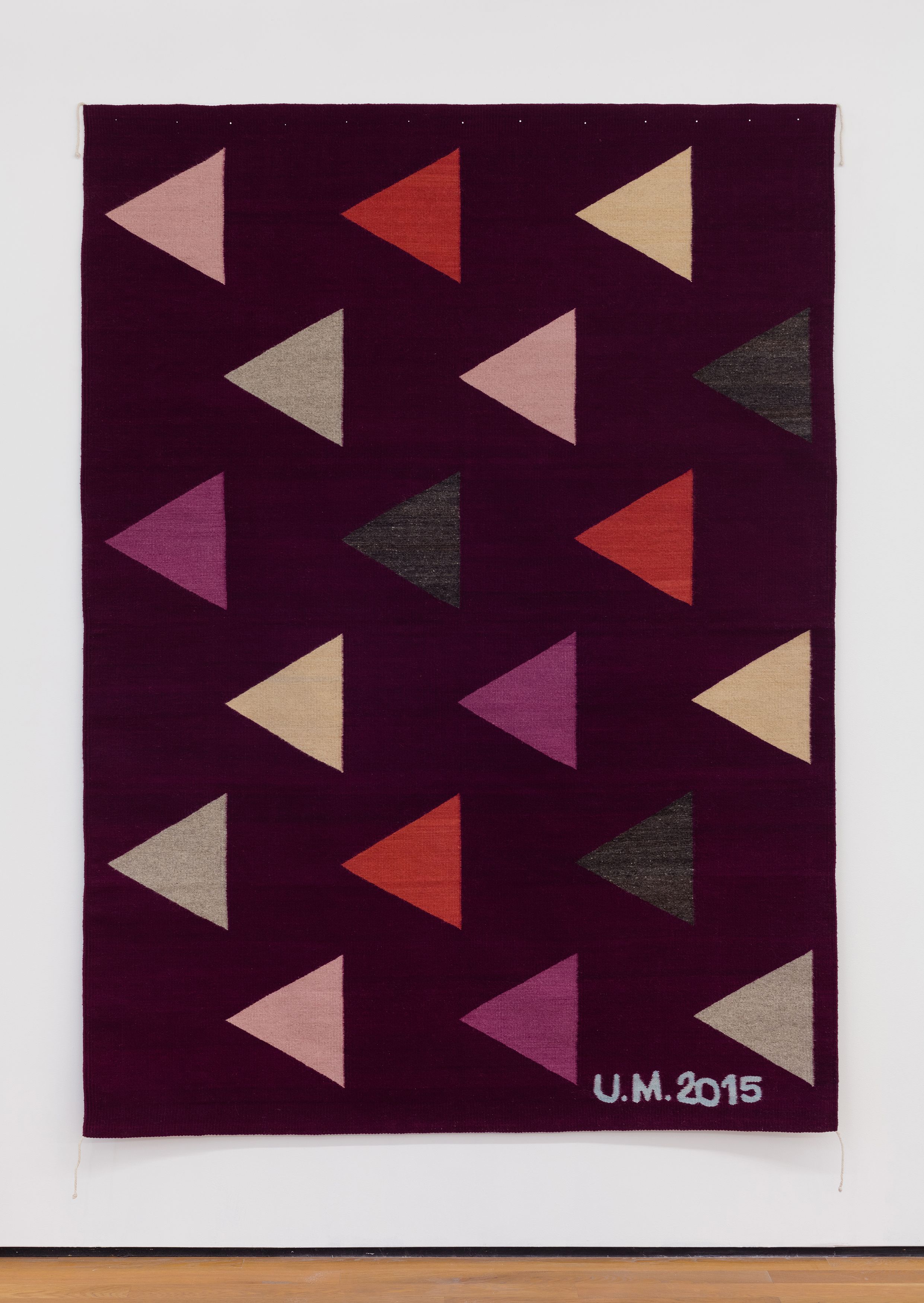 Ulrike Müller, Rug (con triángulos), 2015, wool, handwoven in the workshop of Jerónimo and Josefina Hernández Ruiz, Teotitlán del Valle, Oaxaca, Mexico, 86 x 64 3/8 in. (218.4 x 163.5 cm.) edition 2 of 3, with 1 AP