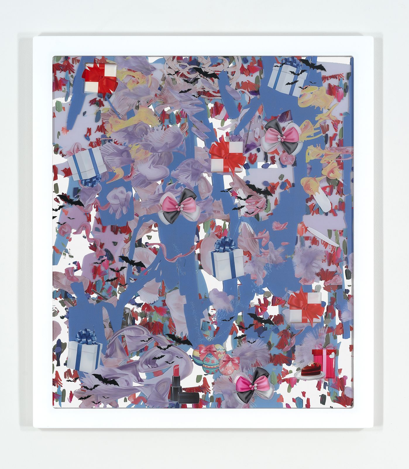 Petra Cortright, Slayer Spoilers, 2015, digital painting, UV print on clear acrylic and stickers, mounted on mirrored acrylic, 54 1⁄2 × 47 1⁄2 × 1 1⁄4 in.