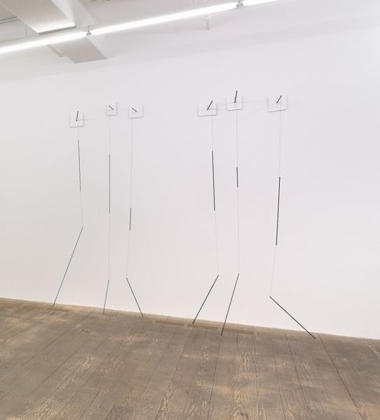 Sarah E. Wood, Untitled (Broken Lines), 2010, steel, string, and wood, 84 x 24 1/2 x 98 in.
