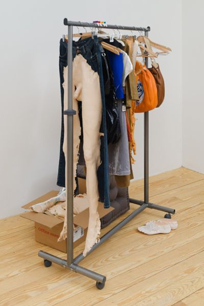 Lizzie Fitch, Clothing Rack - Rack Highway, 2008, rubber, plastic, clothing, rack, hangers, paint, cardboard, 66 x 40 x 46 in.