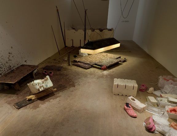 Hany Armanious, Year of the Pigsty, 2007, mud, silicone, pigment, epoxy, polyurethane, cardboard, plaster, snooker table pockets, dimensions variable