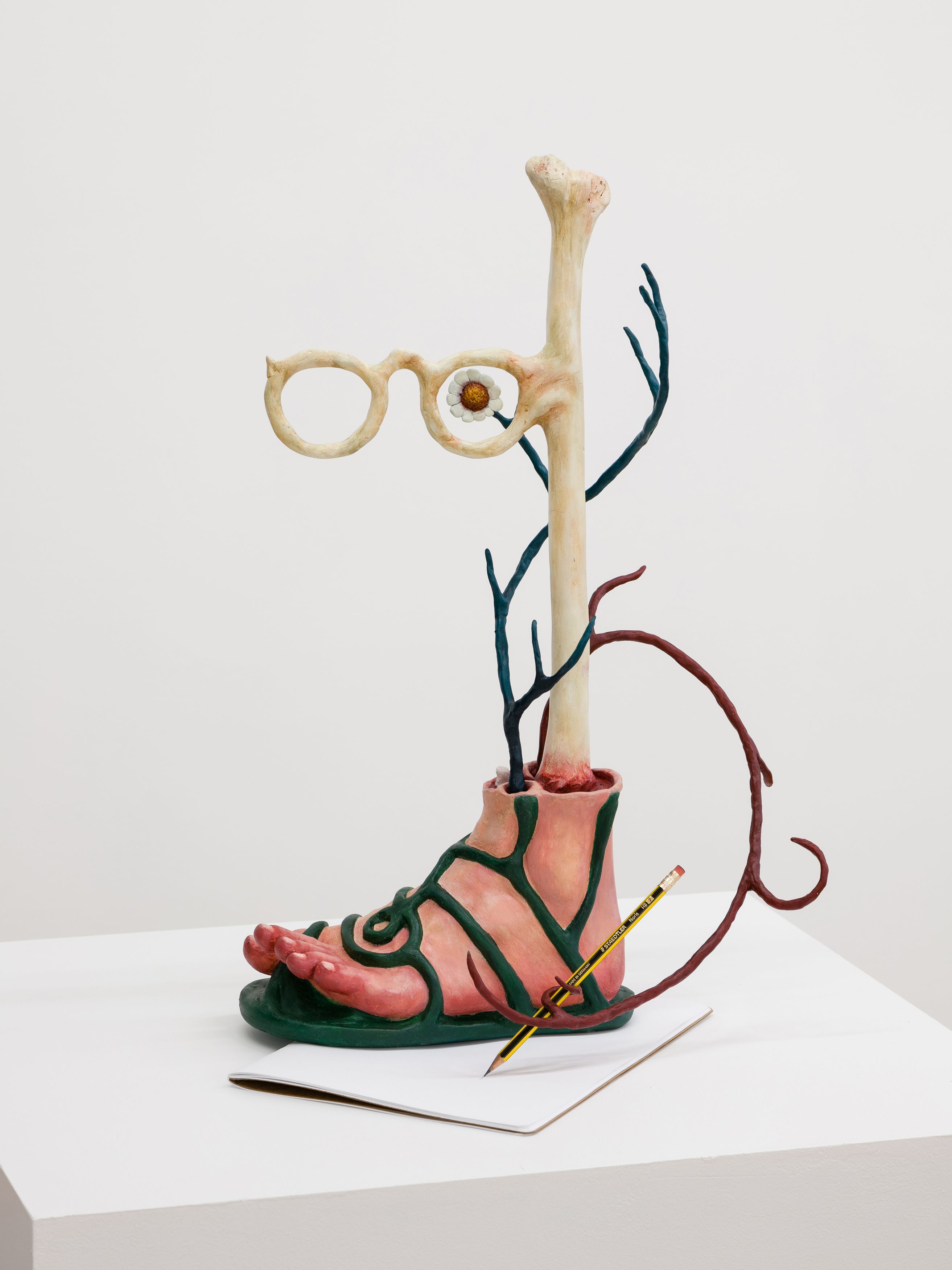 Justin Fitzpatrick, Vehicle no 1: The White Glasses, 2019, resin, epoxy clay, metal, pencil, paper, 23 1/4 x 11 3/4 x 11 3/4 in. (59 x 30 x 30 cm)