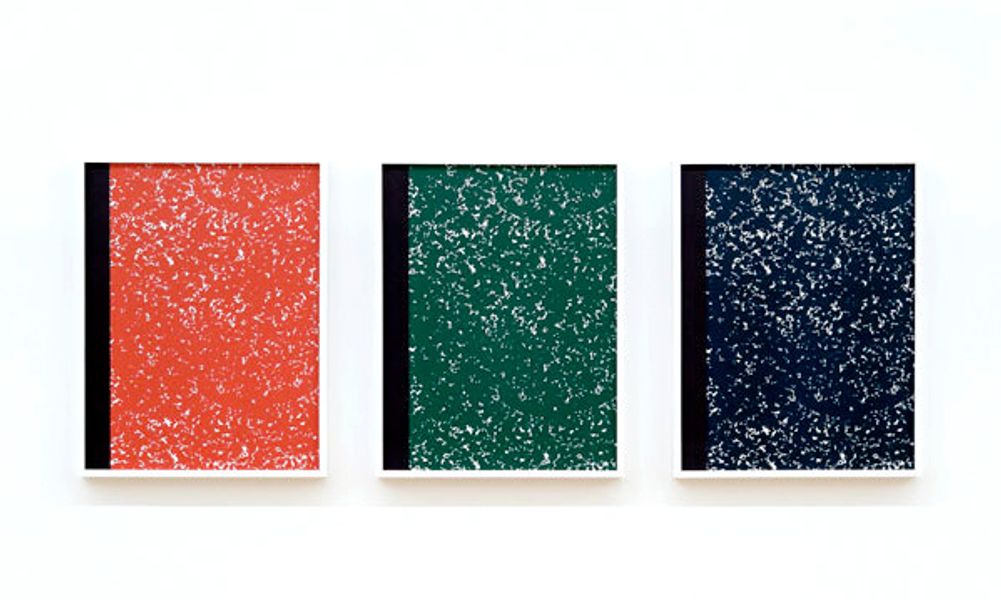 Michael Bell-Smith, Composition Books: Red, Green, Blue, 2009, digital inkjet print (in three panels), 19 x 14 1/2 in. (48.3 x 36.8 cm.) MBS_FP1358