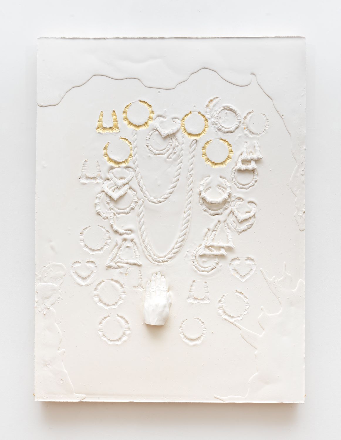 LaKela Brown, Composition with hand, chains, round earrings, heart earrings and bamboo earrings, 2019, plaster, foam, and acrylic, 46 x 34 x 3 in. (116.84 x 86.36 x 7.62 cm) 