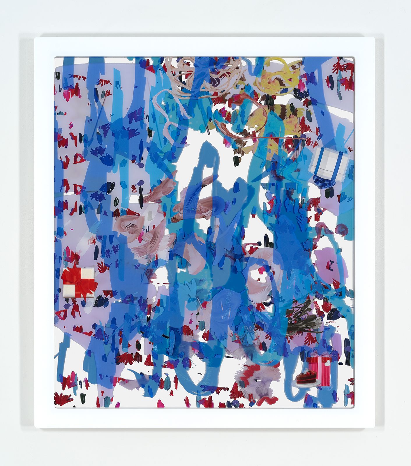 Petra Cortright, française de kayak+cleanup, 2015, digital painting, UV print on clear acrylic, stickers, mounted on mirrored acrylic, 54 1⁄2 × 47 1⁄2 × 1 1⁄4 in.