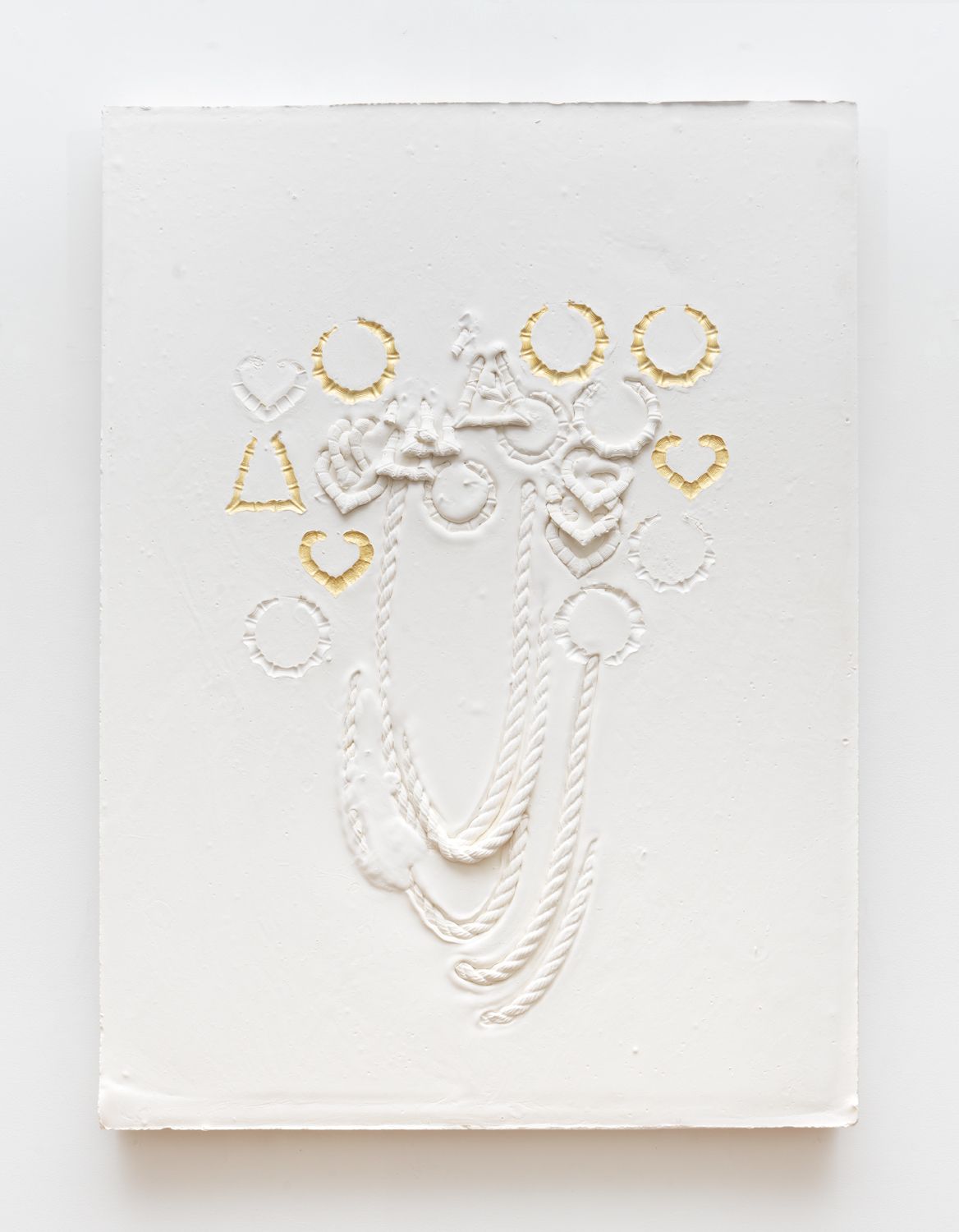 LaKela Brown, Composition with chains, round earrings, heart earrings and bamboo earrings, 2019, plaster, foam, and acrylic, 46 x 34 x 3 in. (116.84 x 86.36 x 7.62 cm)