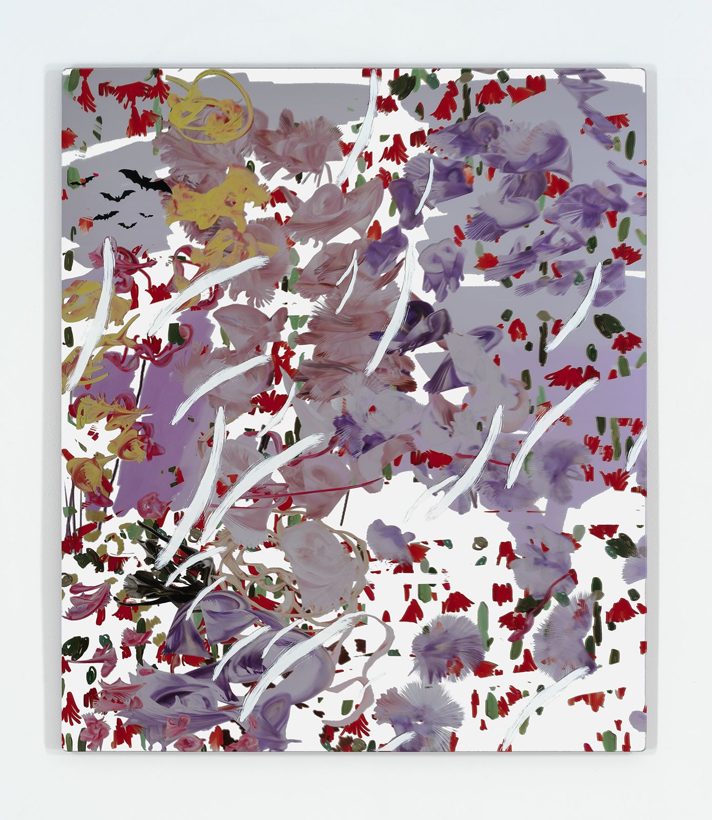 Petra Cortright, key54G23+kick.rom, 2015, digital painting, 3D print and UV print mounted on mirrored acrylic, 49 × 42 × 1 in.