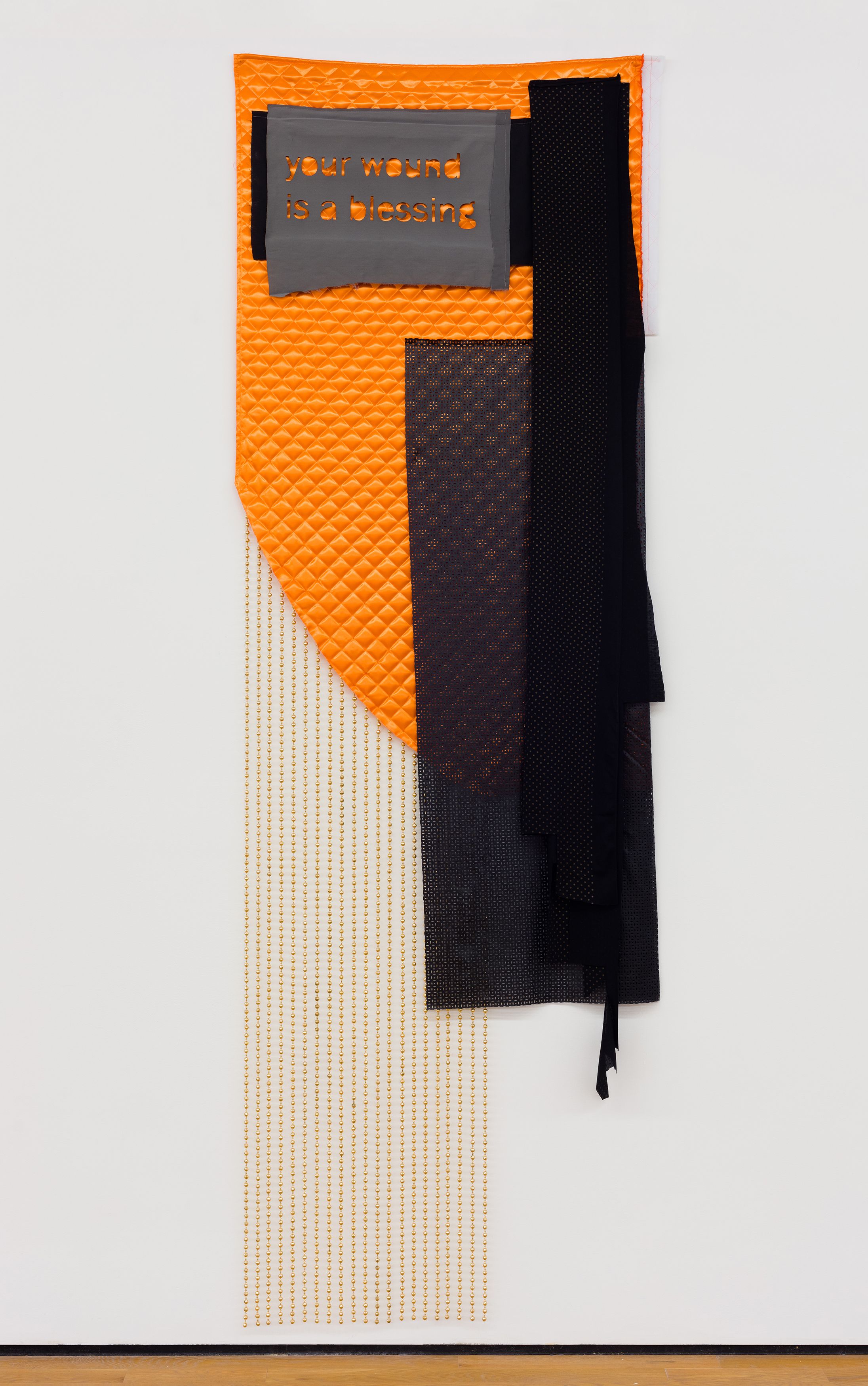 Tuesday Smillie, Wound, 2018, textile and beads, 108 x 36 in. (274.32 x 91.44 cm.)