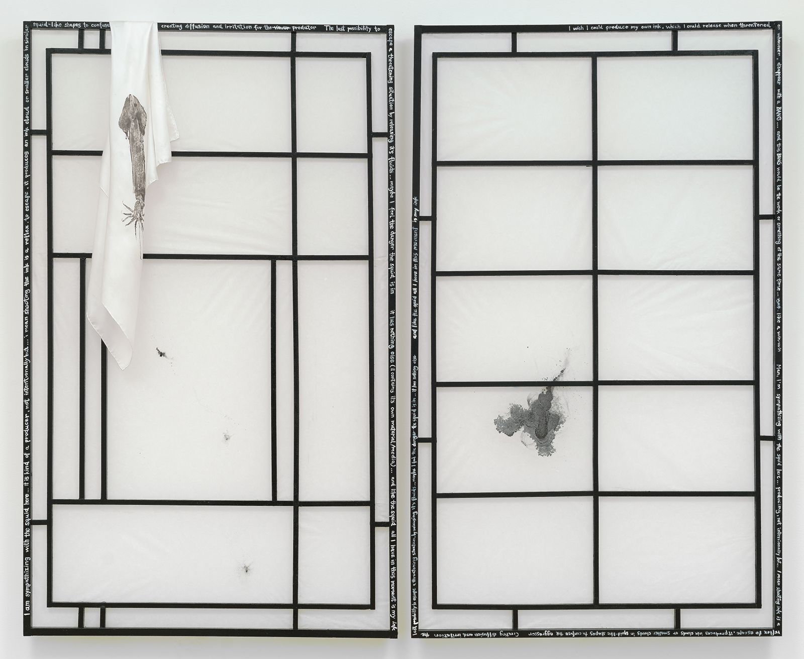 Andrei Koschmieder, Untitled (Squid Screen), 2013, wood, mulberry paper, squid ink, silk, inkjet dye, 61 × 36 in.