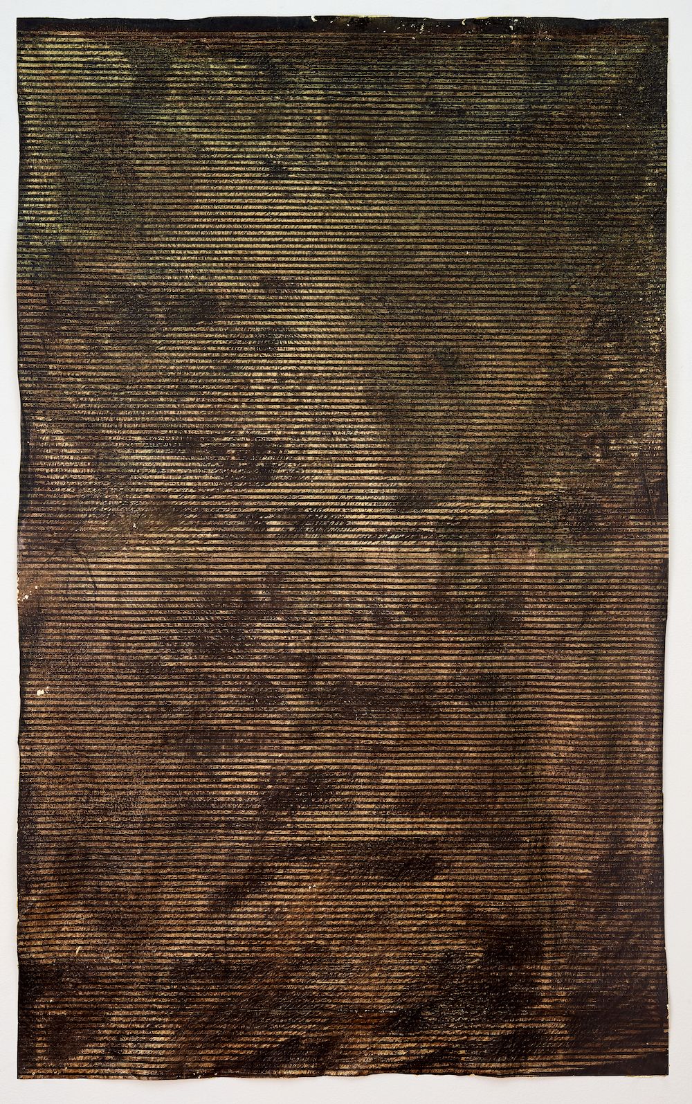 Ronny Quevedo, equatorial horizons, 2019, gold leaf on carbon paper, 42 x 25 3⁄4 in. (106.68 x 65.41 cm) 