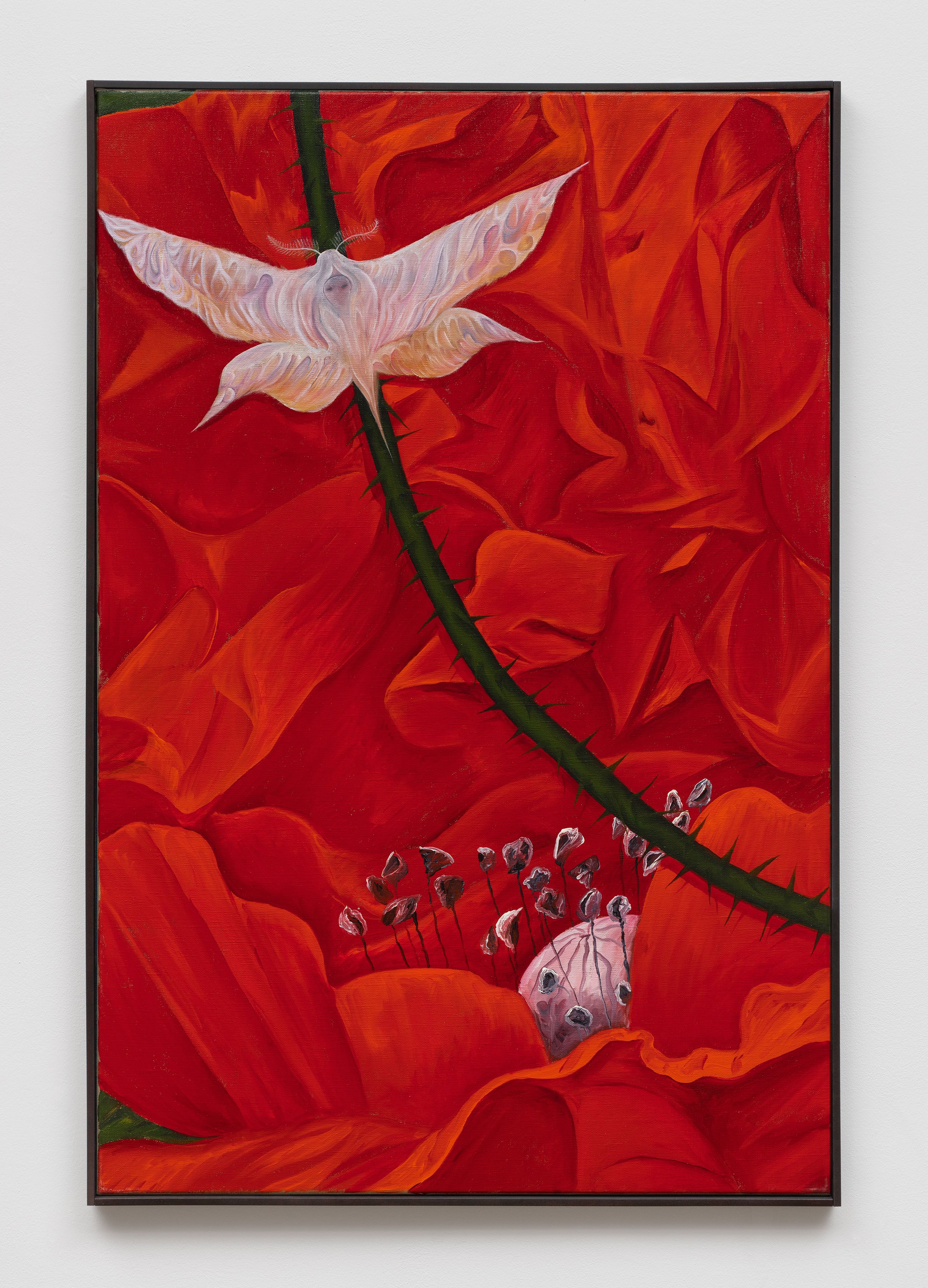 Srijon Chowdhury, Moth on a Poppy, 2021, oil on linen, 36 x 24 in. (91.44 x 60.96 cm)