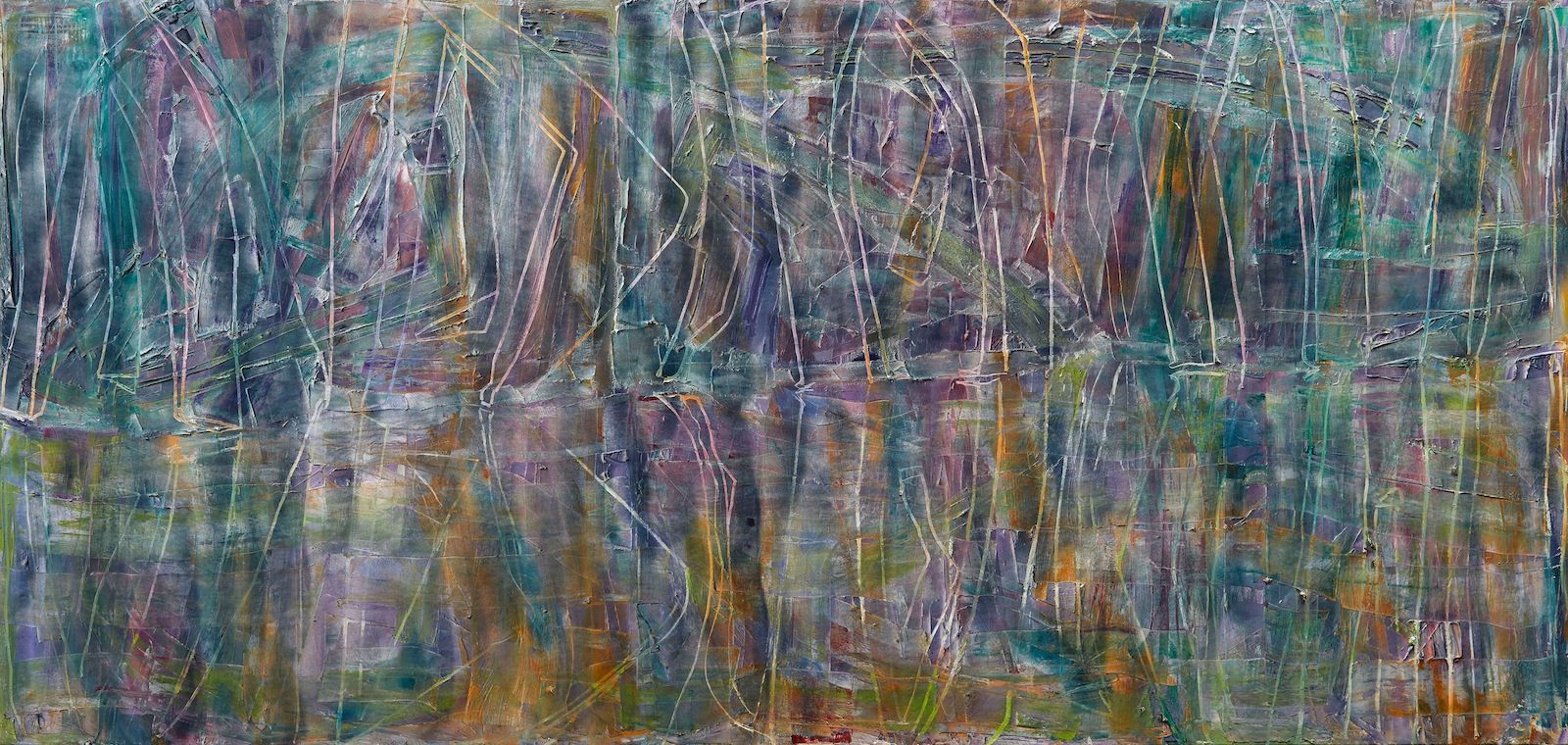 Gabriel Hartley, Skim, 2013, oil and spray paint on canvas, 94 × 165 in. (238.76 × 419.10 cm)