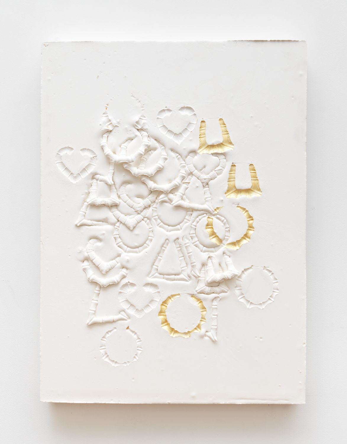 LaKela Brown, Composition with, round earrings, heart earrings and bamboo earrings, 2019, plaster and acrylic,  29 x 21 1⁄2 x 3 in. (73.66 x 54.61 x 7.62 cm) 