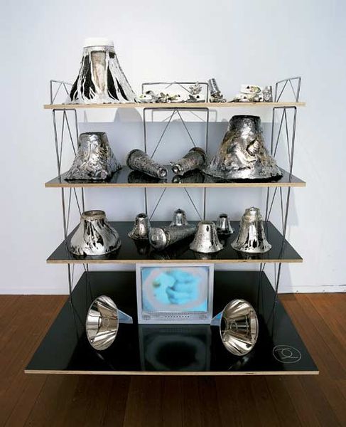 Hany Armanious, Forging the Energy Body (Swegypt), 2004, pewter, chromed aluminium, plaster, adhesive stickers, brass, LCD monitor, spray enamel and silver marker on form-ply and steel, 61 x 46 x 35 in. (154 × 117 × 90 cm.)