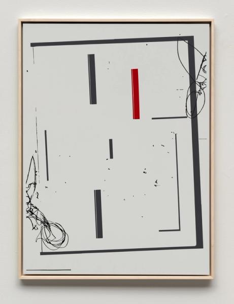 Michael Bell-Smith, cut_frame_spilt_2_red, 2016, vinyl film and polyester paint on dibond, 32 x 23 3⁄4 in. (81.28 x 60.33 cm.,) MBS_FP3638