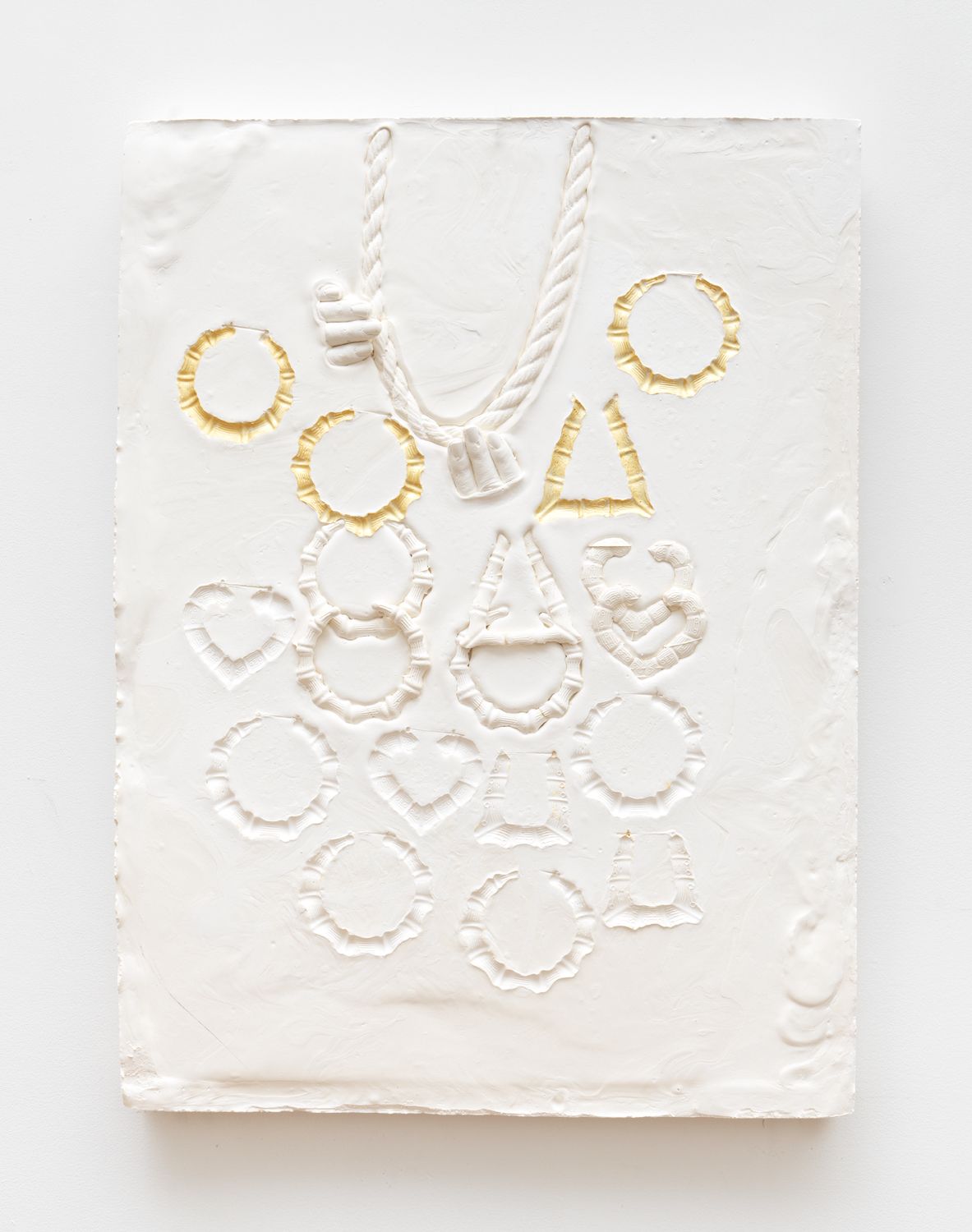 LaKela Brown, Composition with hands, chain, round earrings, heart earrings and bamboo earrings, 2019, plaster and acrylic, 29 x 21 1⁄2 x 3 in. (73.66 x 54.61 x 7.62 cm) 