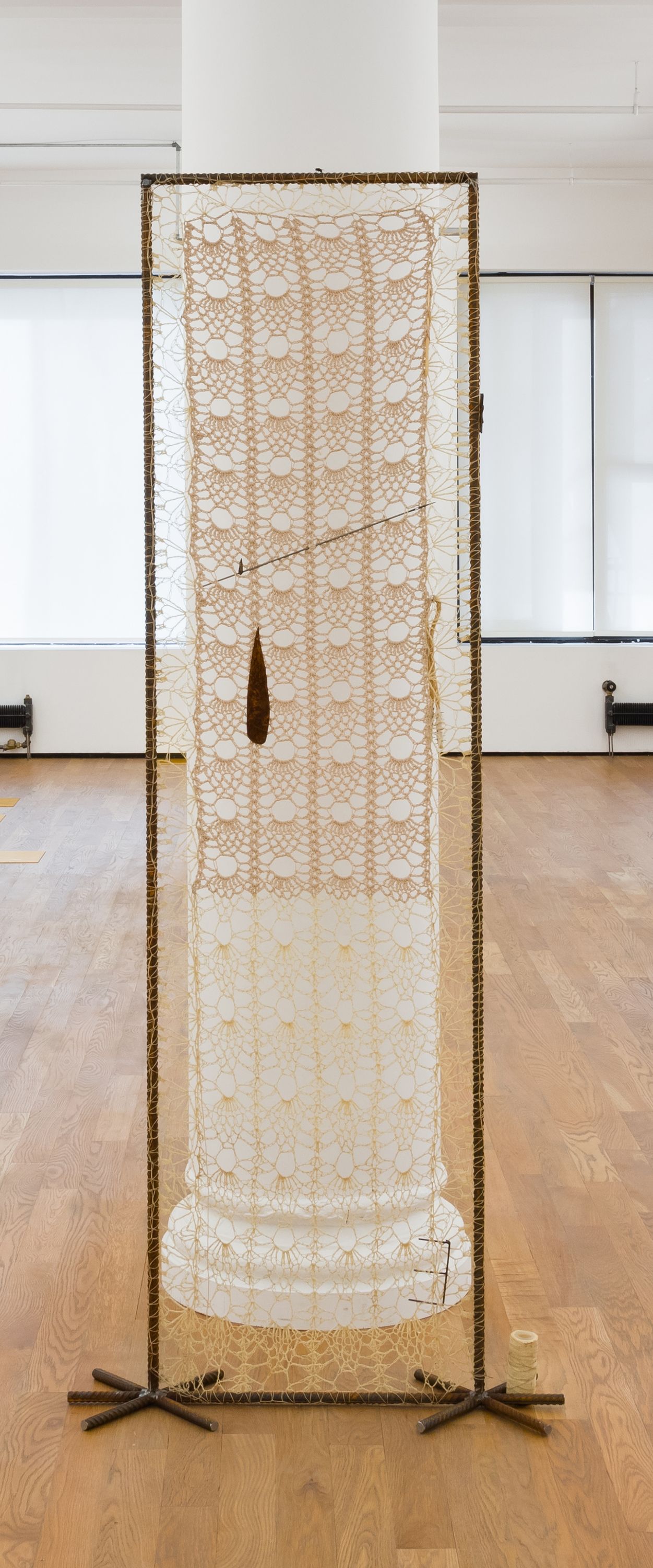 ektor garcia, teotihuacan, 2018, welded steel, waxed thread, cotton, bone crochet hook, upholstery needle, spur, welded frame, crochet white lace, and loose parts embedded attached to lace, 31 1/2 x 77 1/2 x 11 in. (80 x 196.8 x 27.9 cm)  