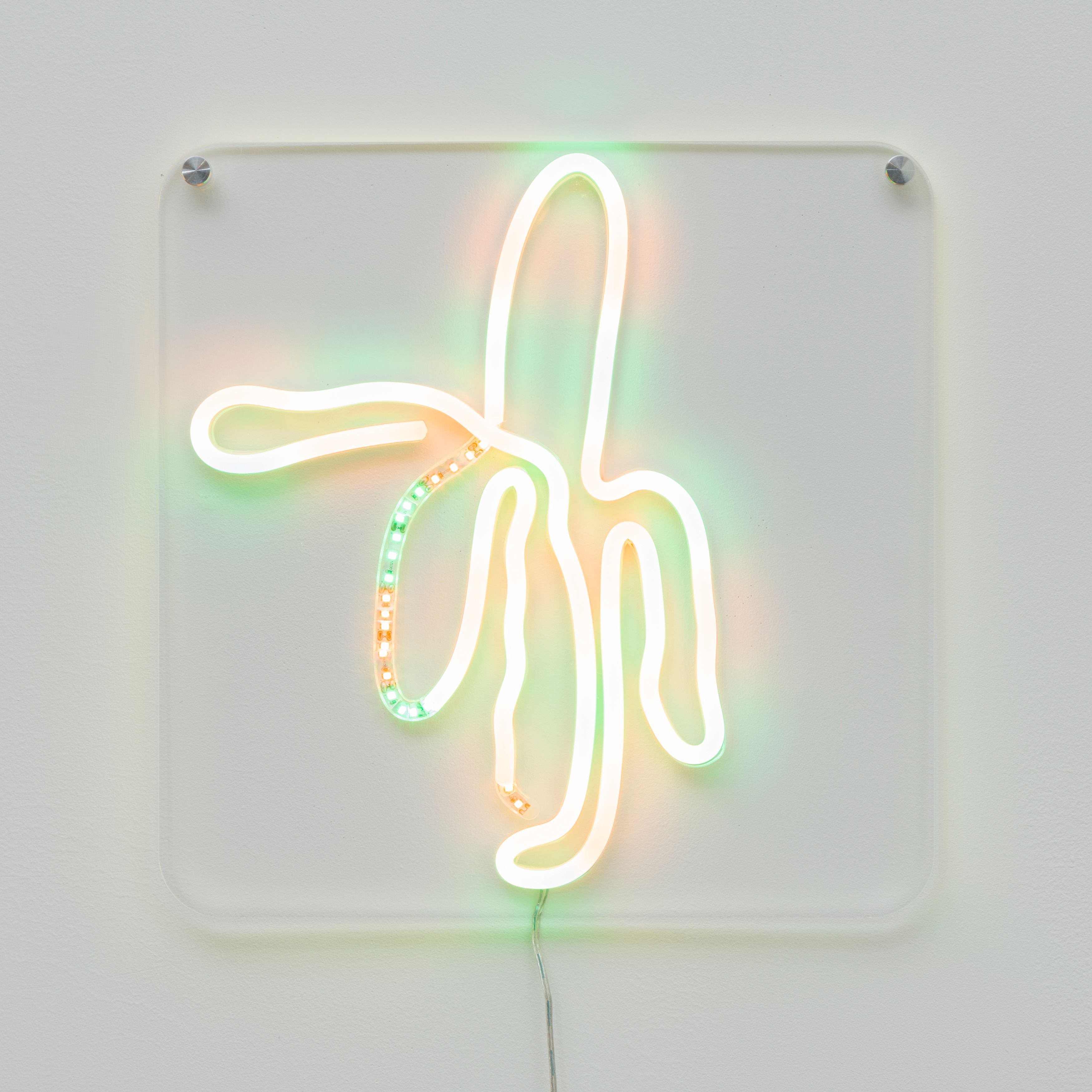 Choey Eun Young Cho, Bananananana (banana33), 2022, CNC engraved plexiglass, LED strip lights, connection wires, silicone tubes, 12 x 12 in. (30.48 x 30.48 cm)