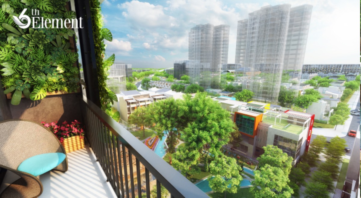 Không gian xanh mát từ cây xanh trong vườn nhiệt đới và suối vầy cung cấp tầm view tuyệt đẹp cho các chủ nhân căn hộ hướng ban công vào khu tiện ích khép kín.